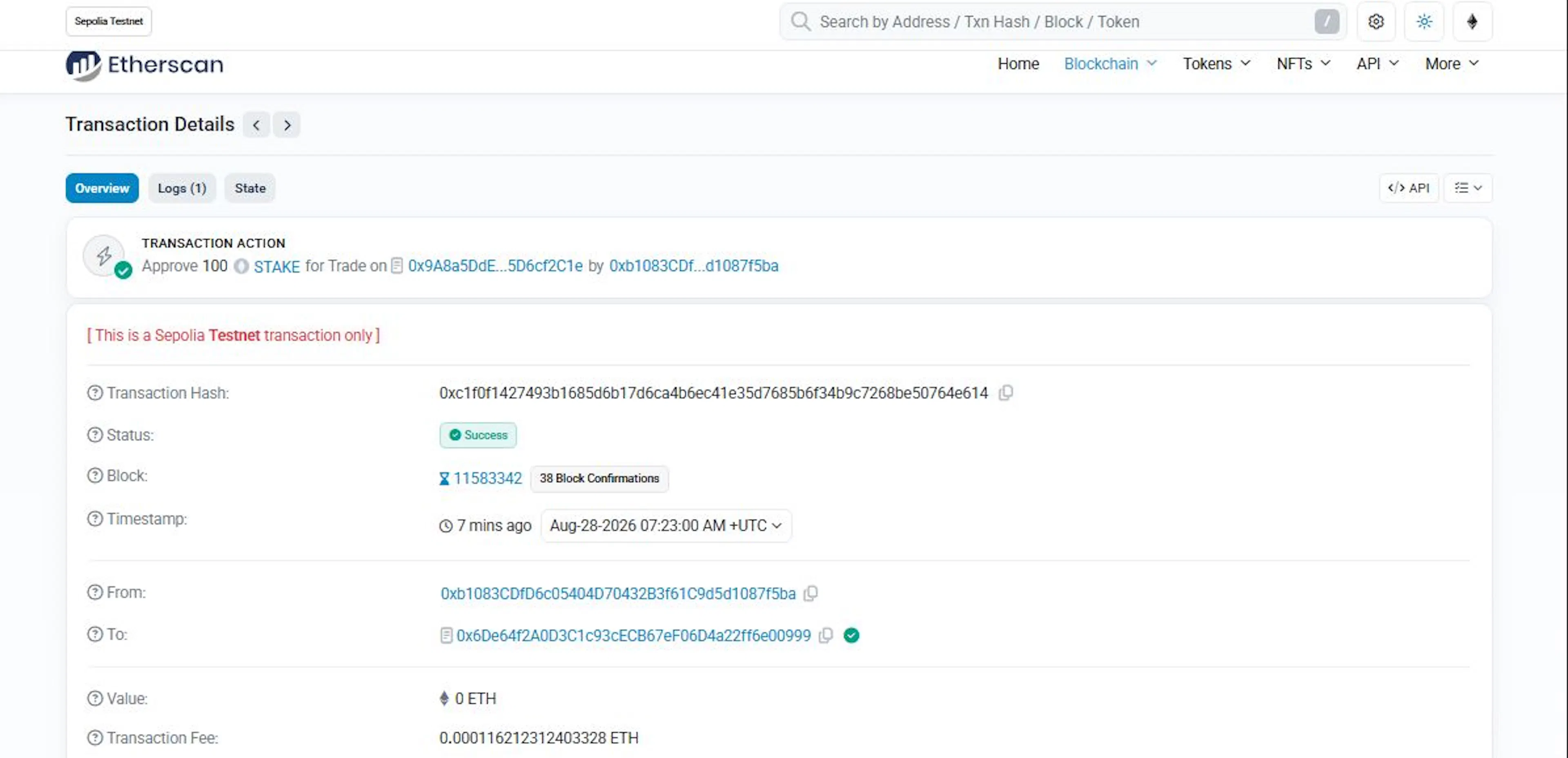 Sepolia transaction on Etherscan