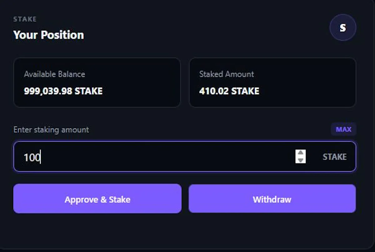 Users can enter a staking amount or use the MAX button to populate their available balance