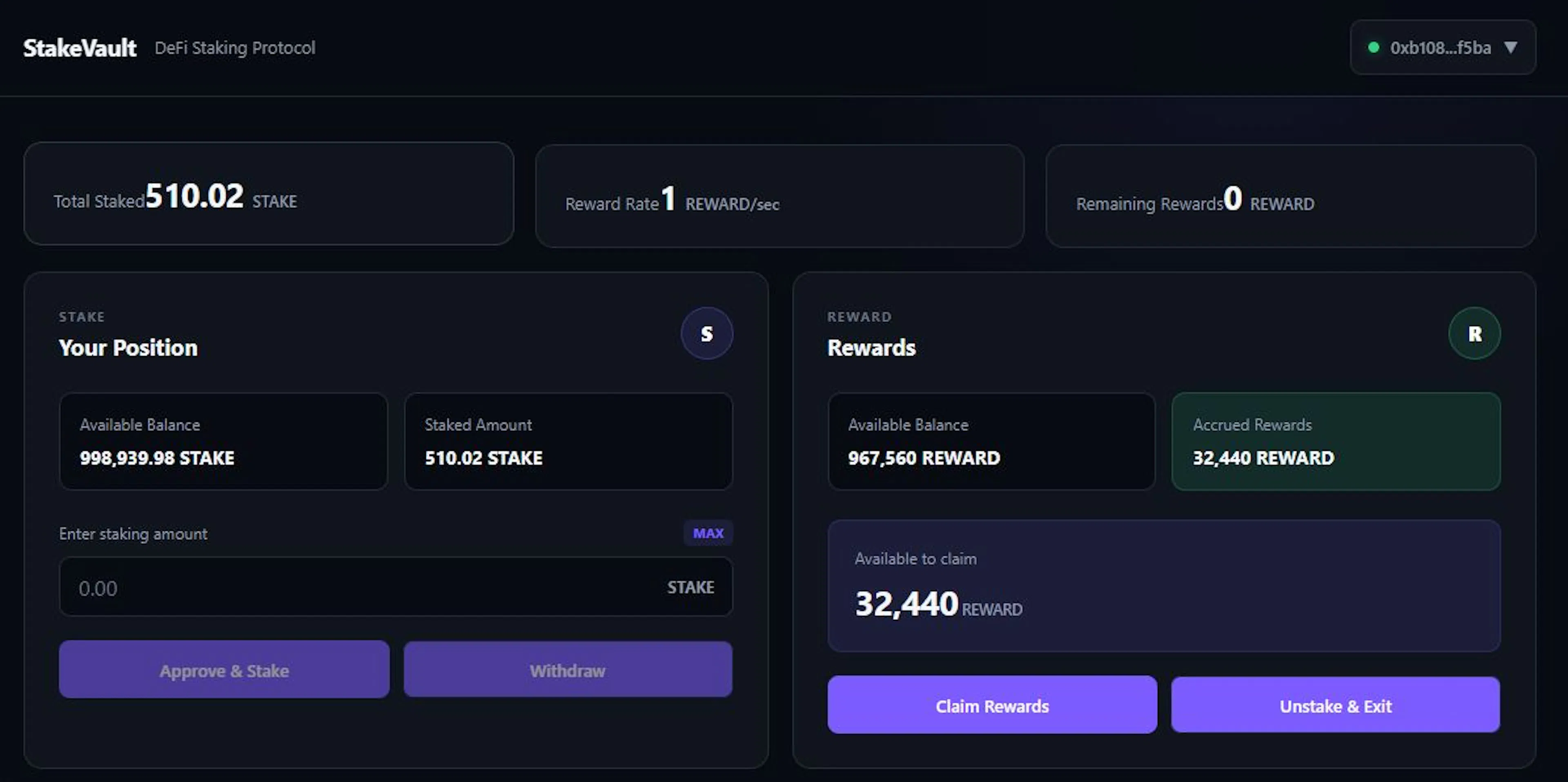 Dashboard after staking