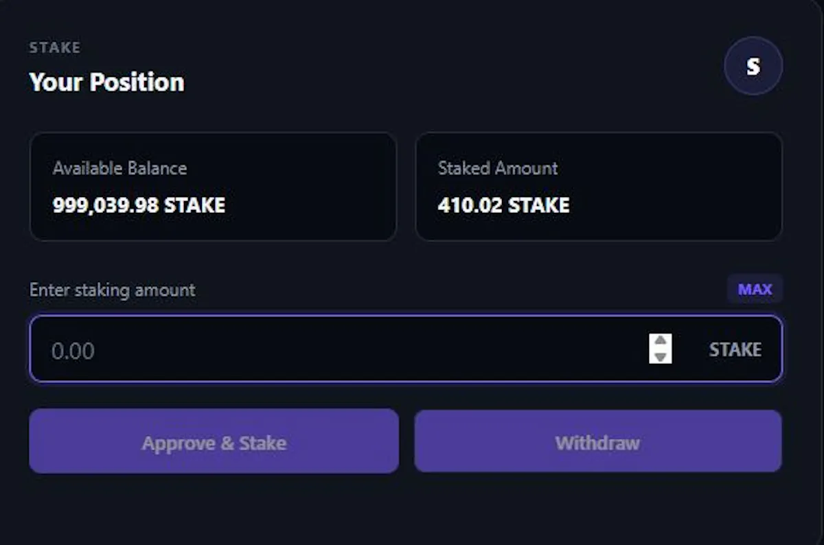 Users can view their available STAKE balance and the amount currently deposited in the vault. 
