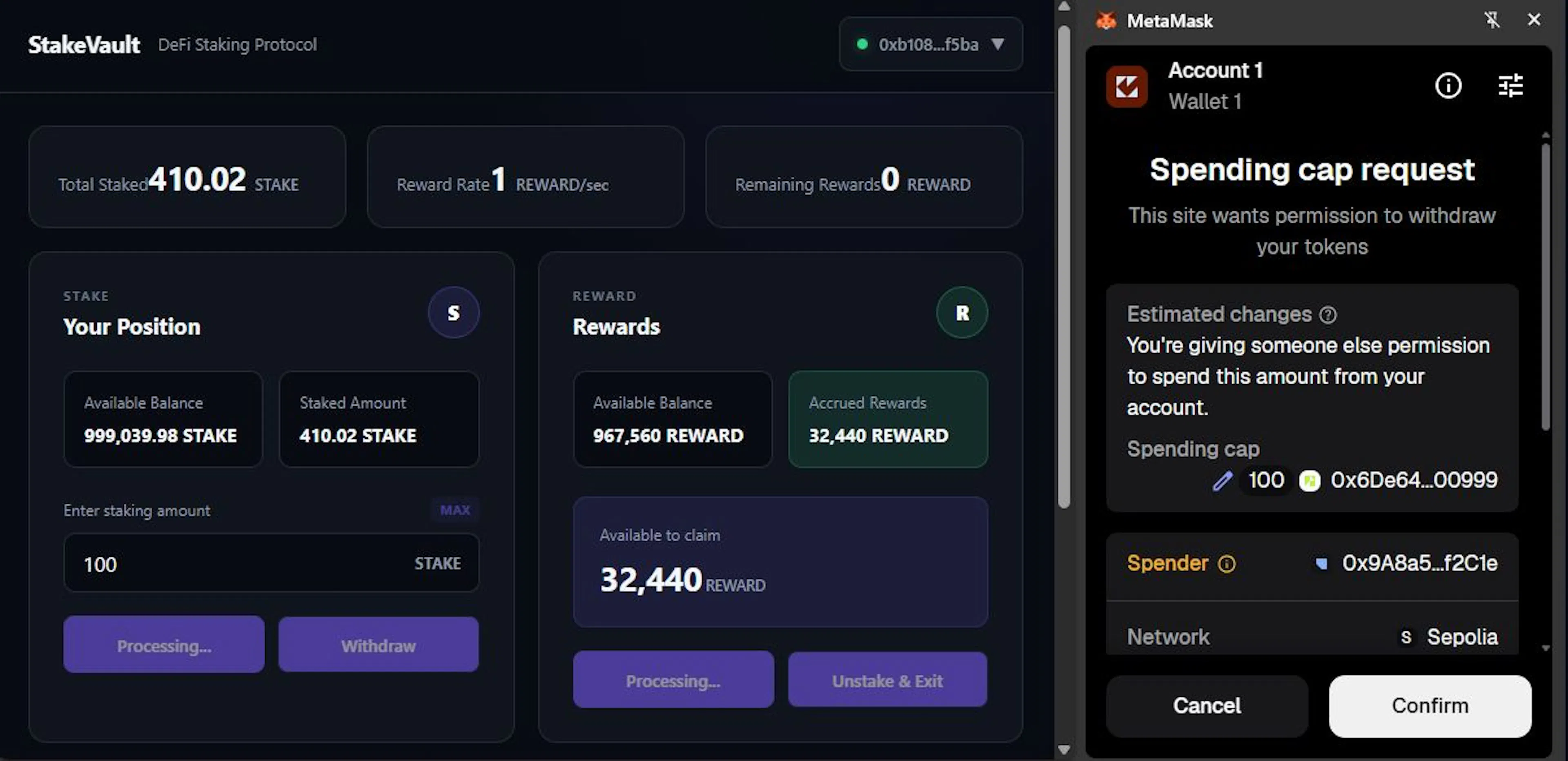 After clicking Approve & Stake, your wallet should first request approval for the vault to spend the STAKE tokens.