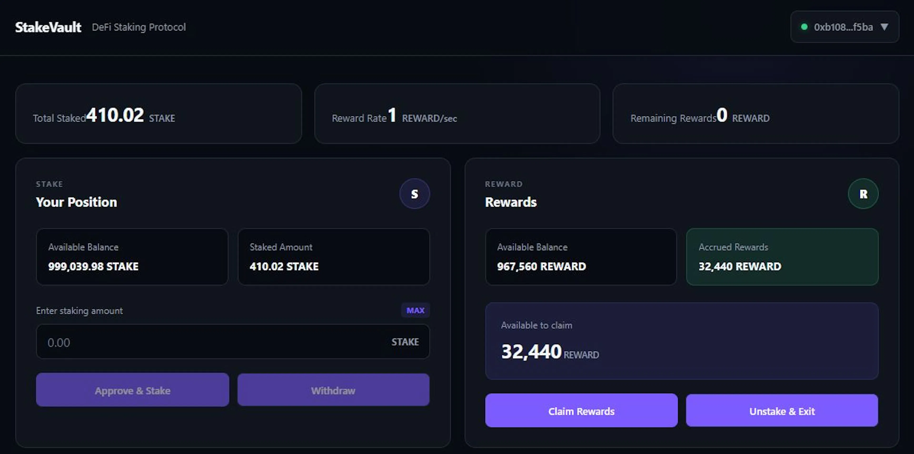 The dashboard displays the global staking statistics, including total protocol stake, reward rate, and remaining rewards. 