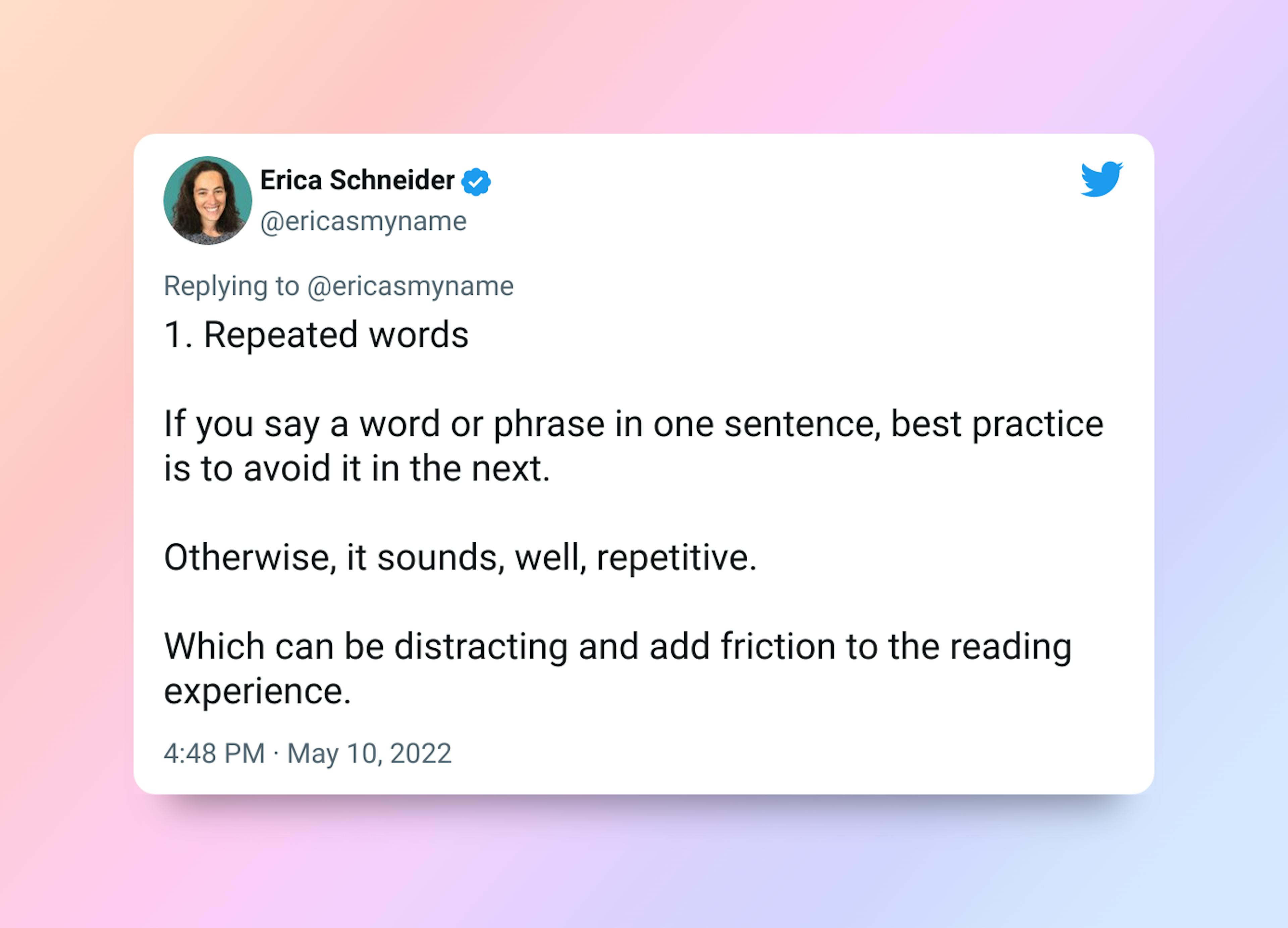 Tweet from Erica Schneider, Head of Content at Grizzle.