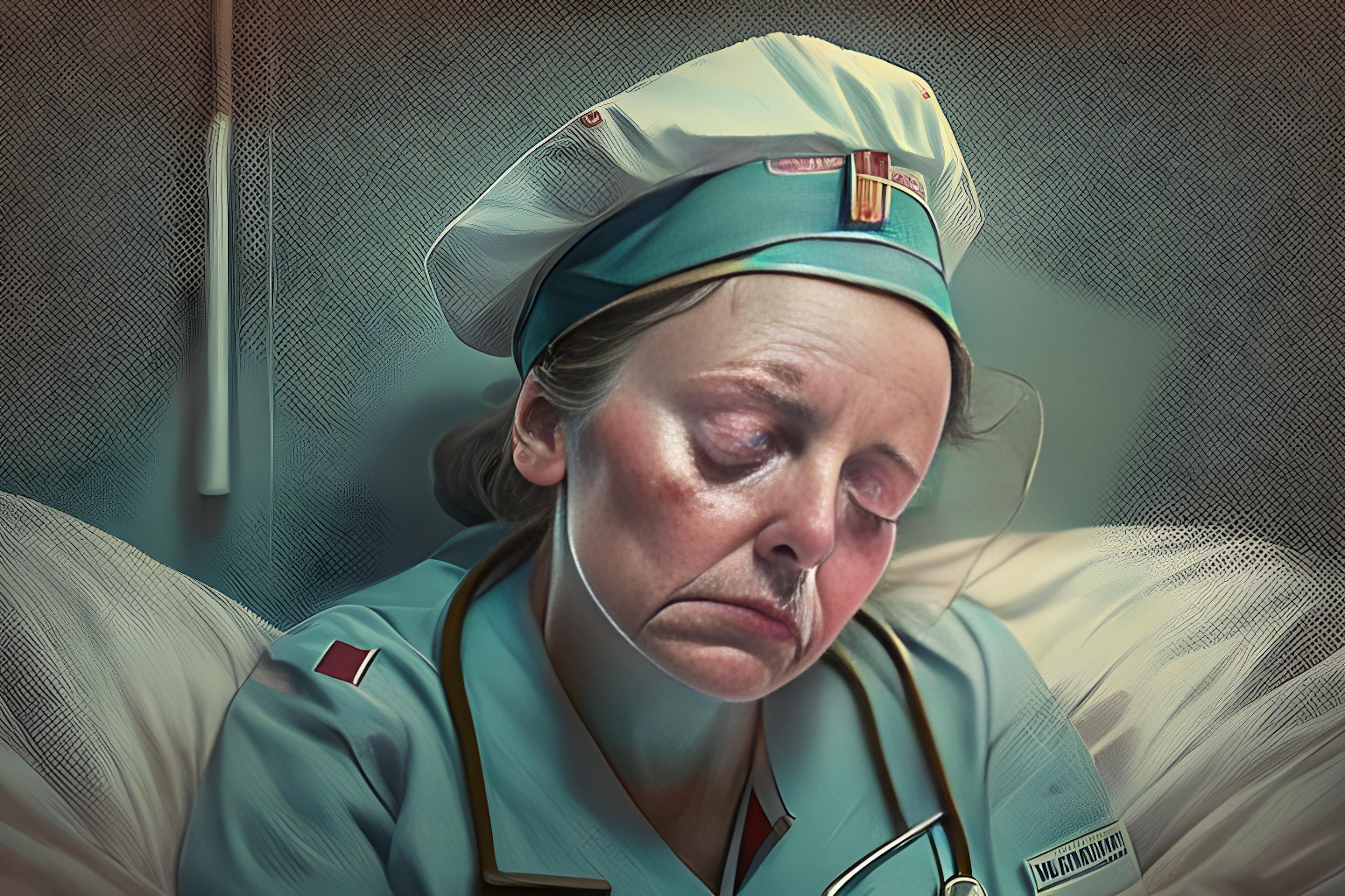 This image was generated by HackerNoon's AI Image Generator via the prompt "a tired nurse".