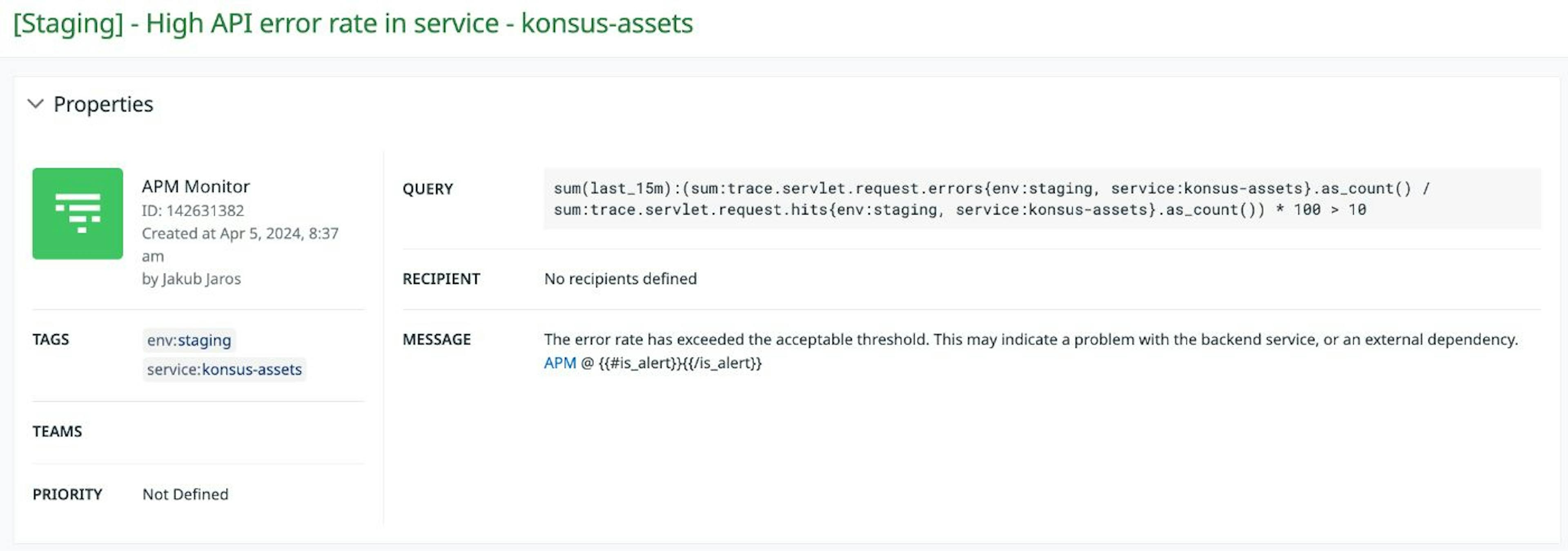 クエリで人工サービス「konsus-assets」を使用するモニター