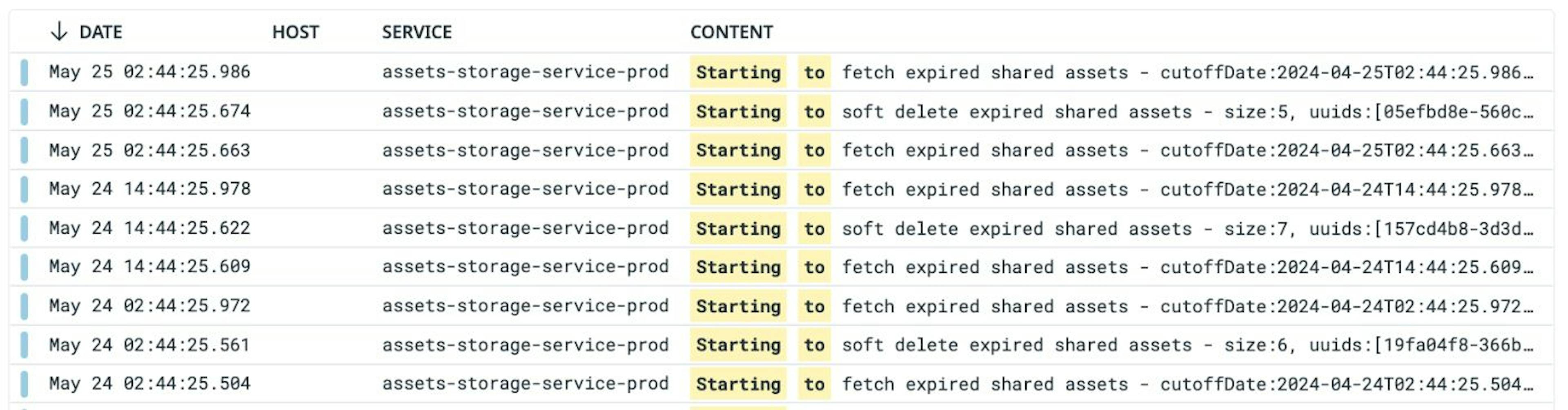 Datadog logs UI with filter by 'Starting to' prefix