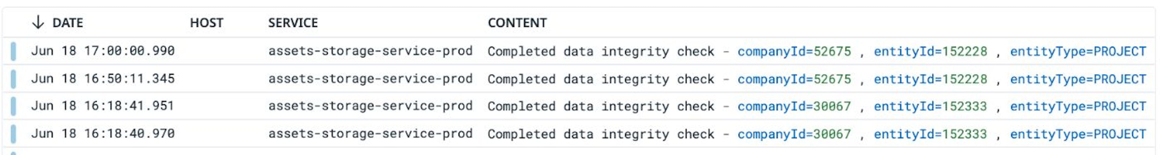 IU de registros do Datadog com registros que usam a abordagem hierárquica sugerida