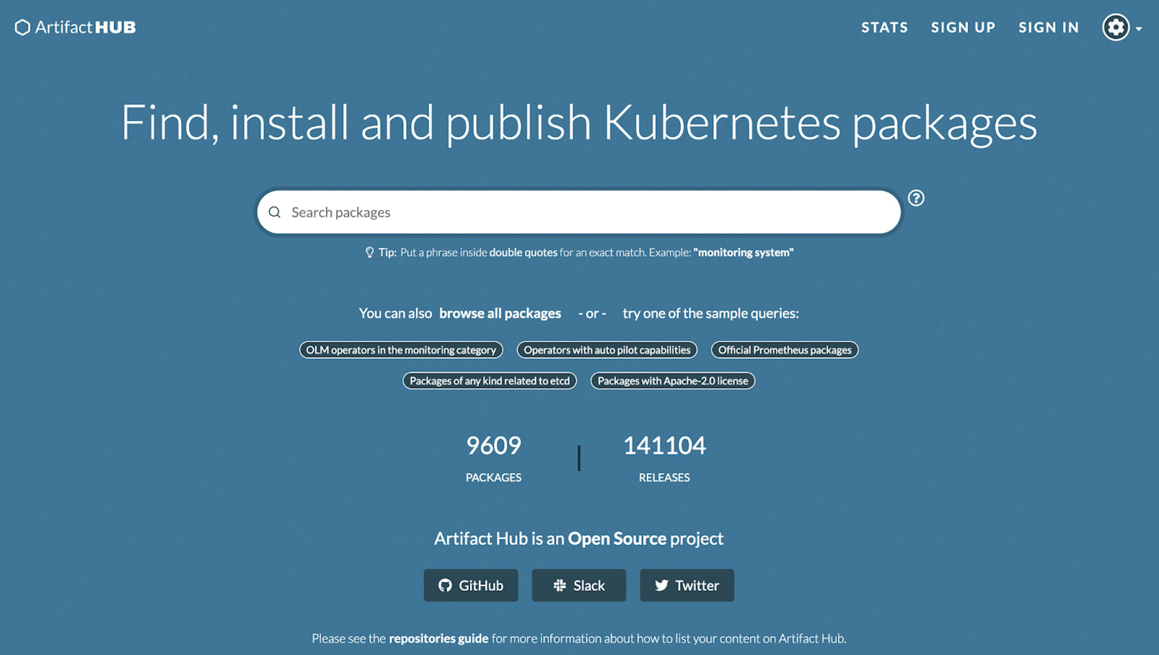 A screenshot of ArtifactHub to publish Kubernetes packages