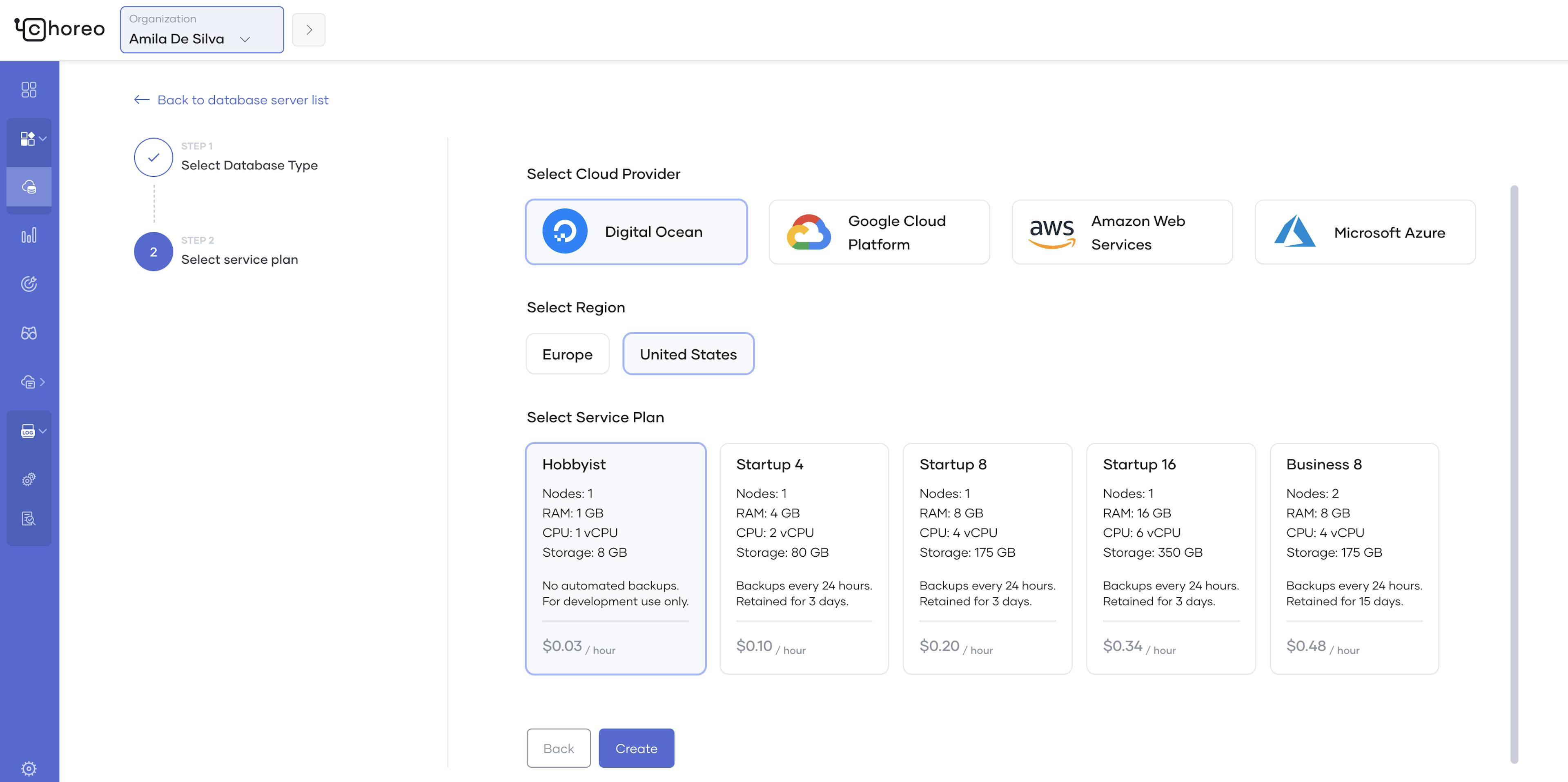 Database create wizard - select Cloud Provider and Plan