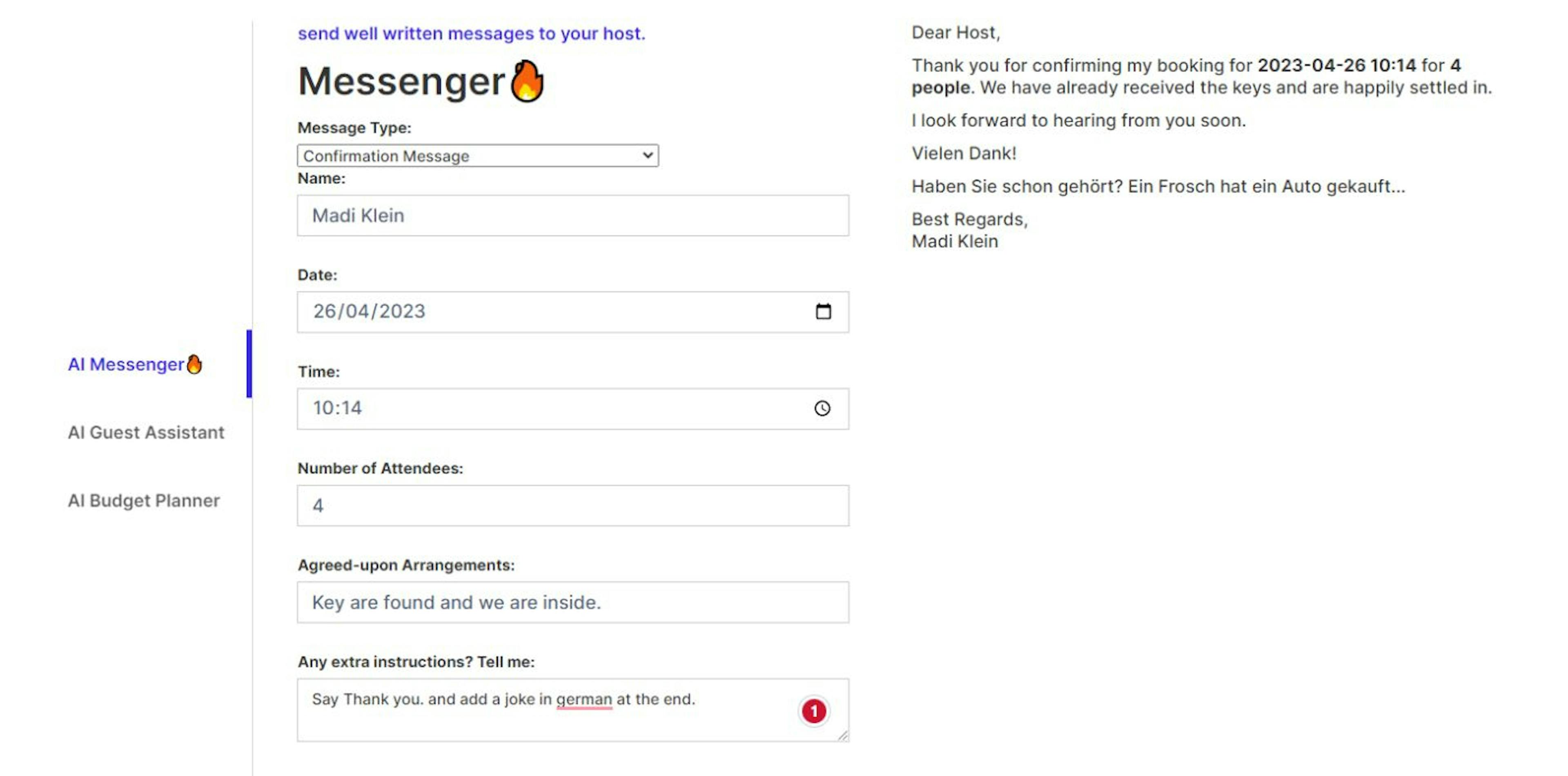 AI writing a nice message + adding a joke to our new German host.