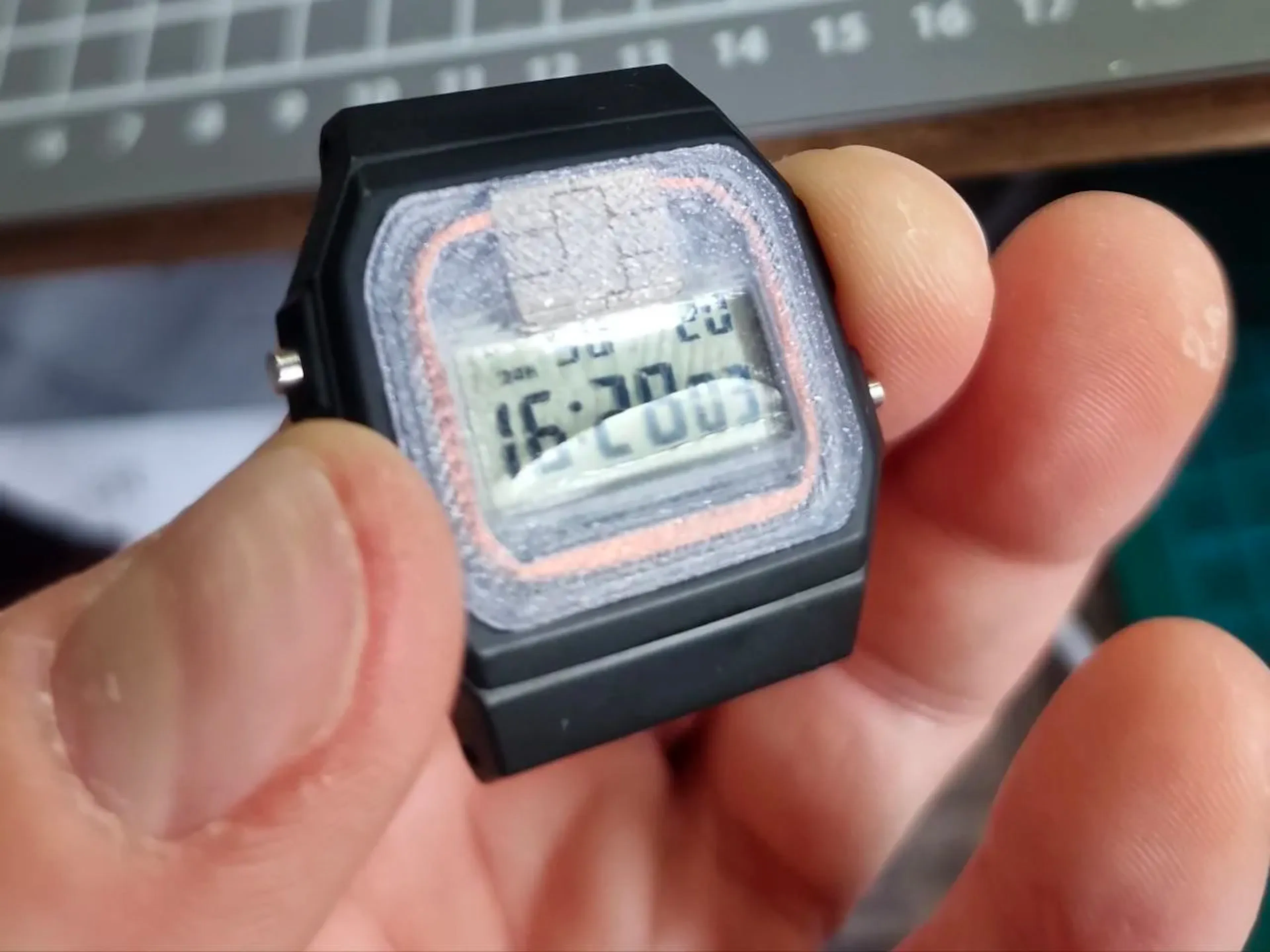 Front view of the custom CASIO F-91W digital watch