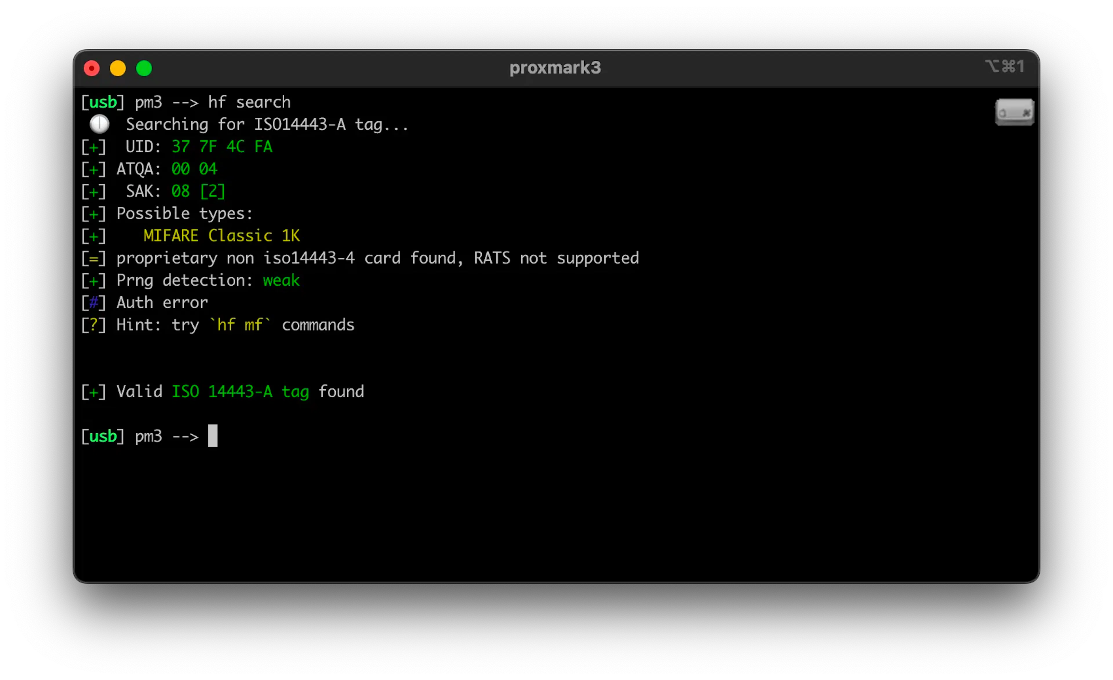Proxmark3 reading the NFC tag