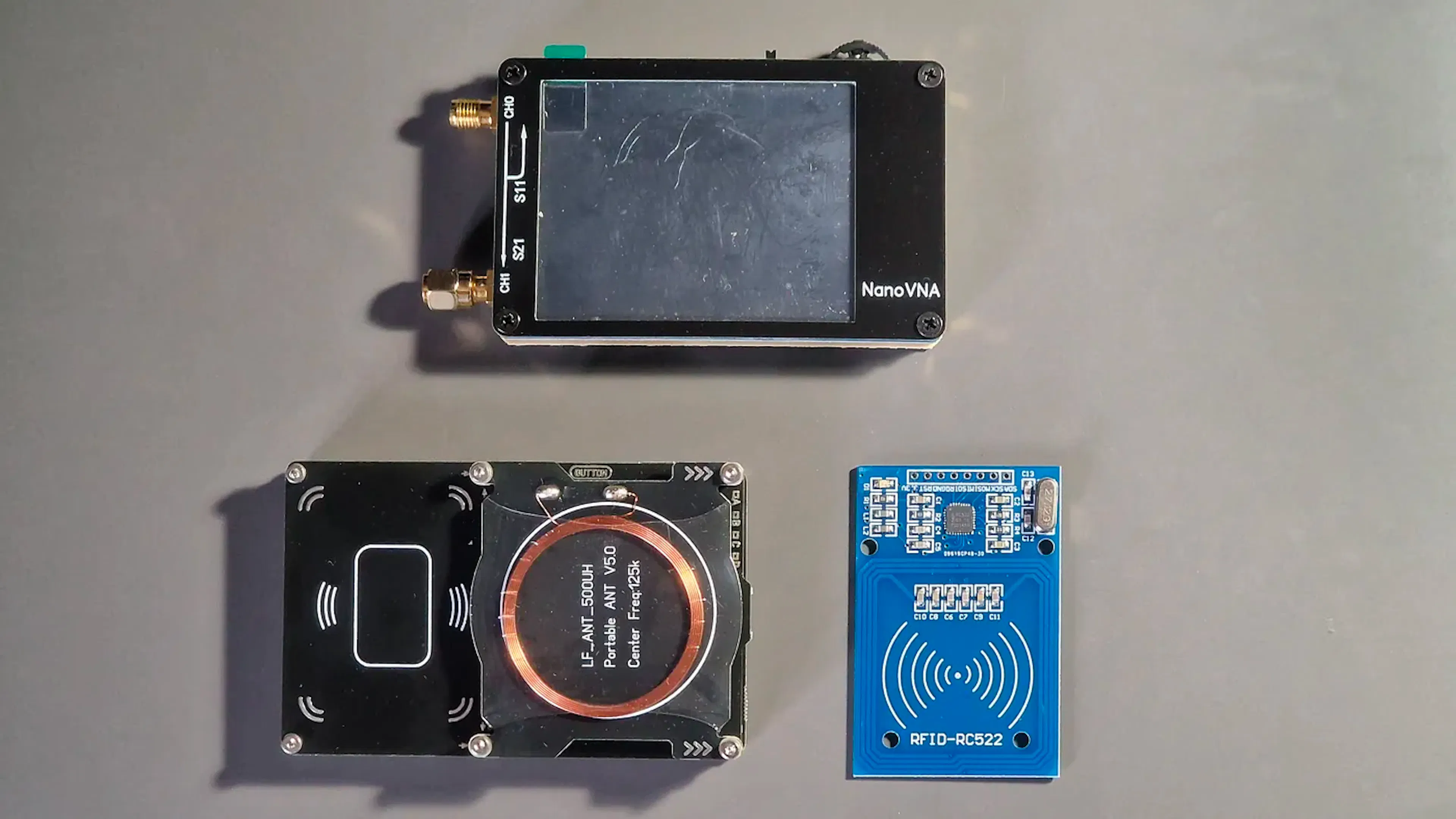 Top: NanoVNA | Bottom-Left: Proxmark3 | Bottom-Right: RFID-RC522