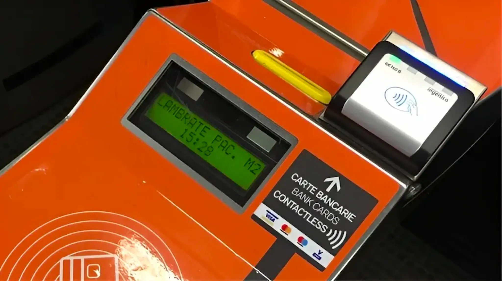 Metro turnstile with contactless payment device in Milano, Italy