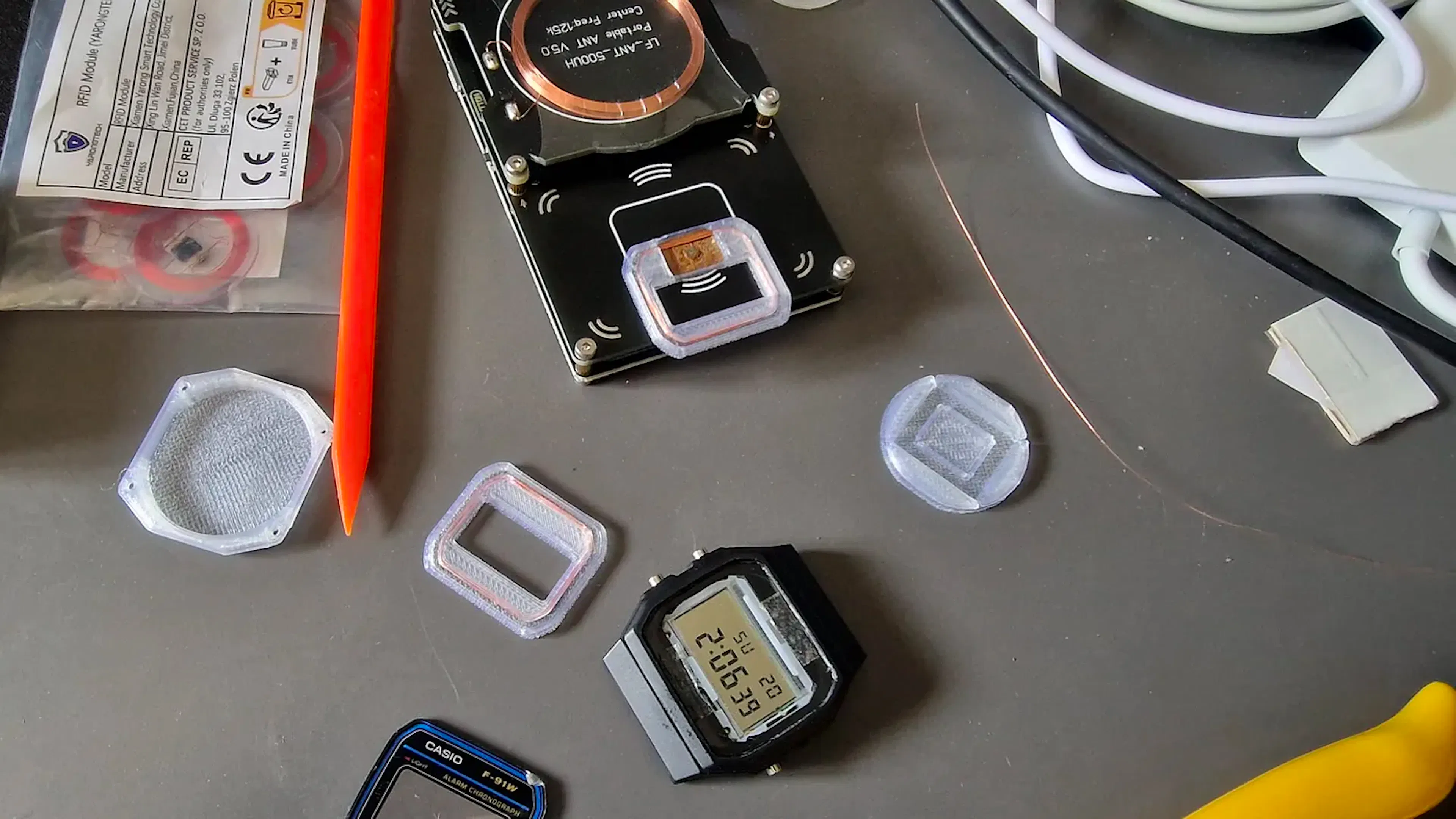 Proxmark3 reading the modded CASIO F-91W front plate through the NFC interface