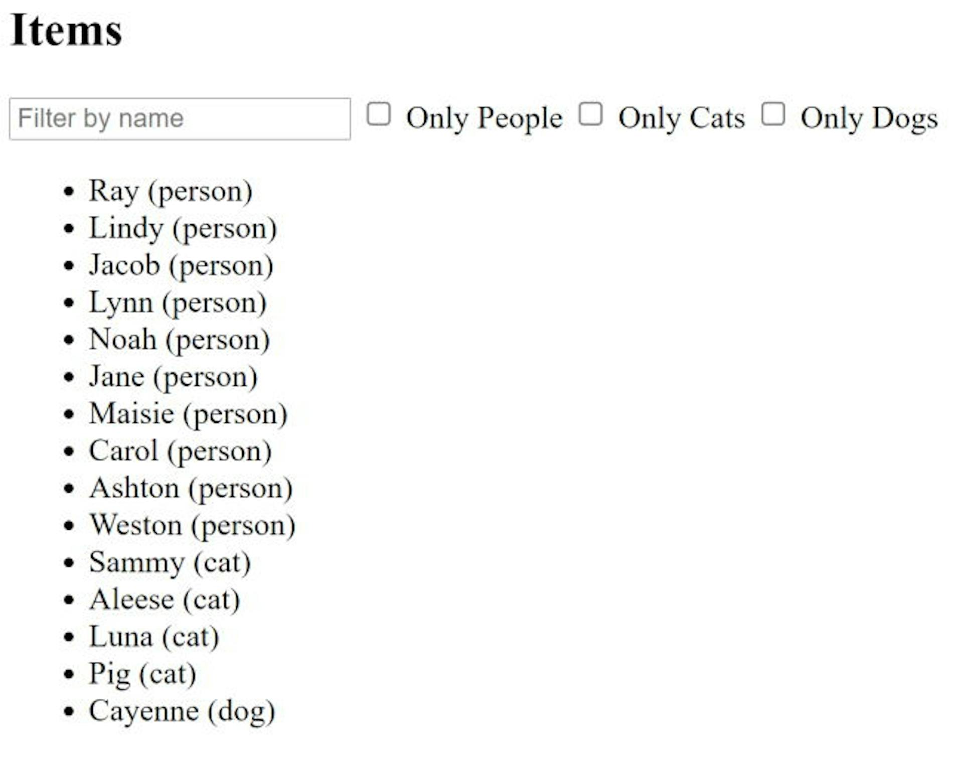 Demo layout of application, list of items with filters