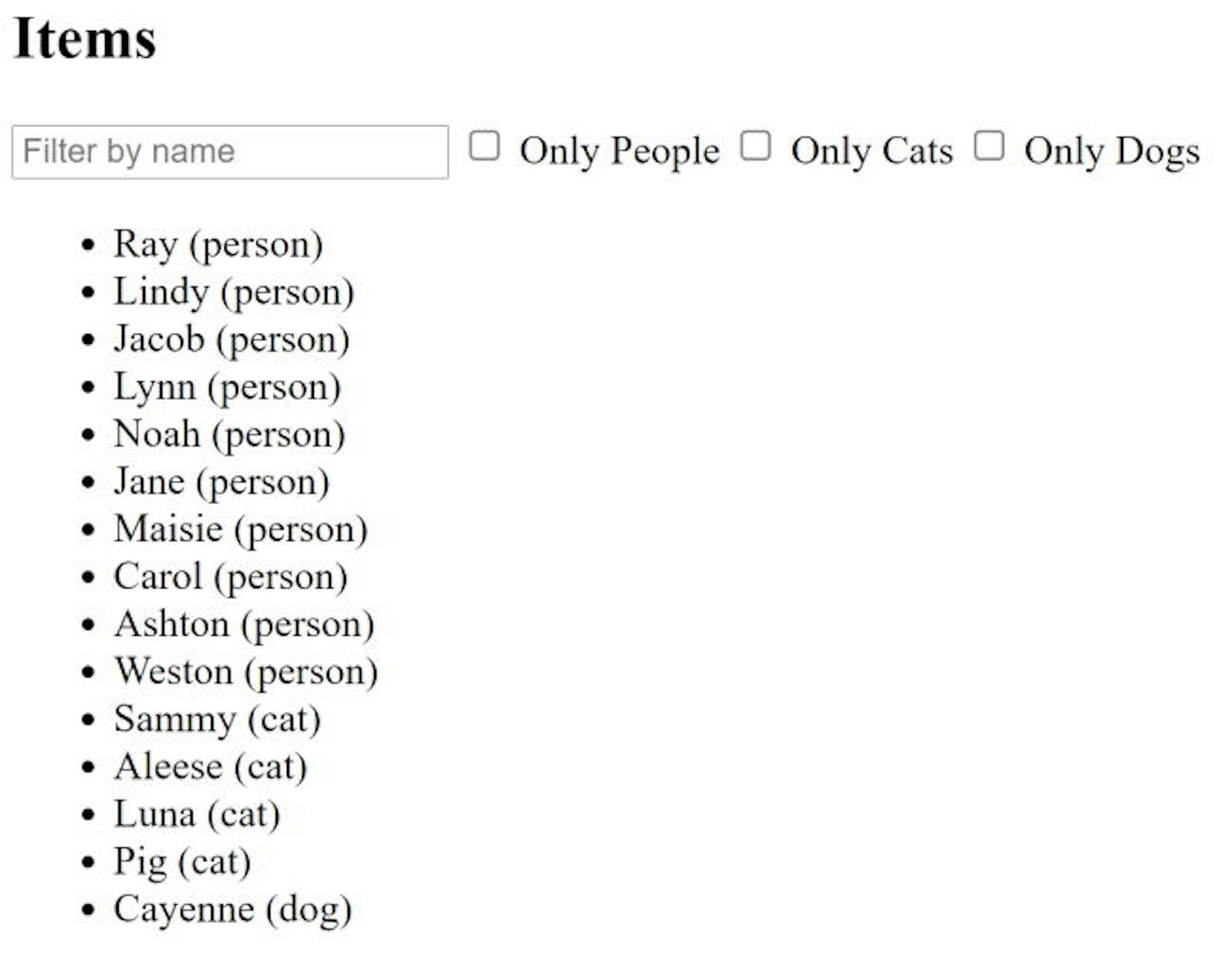 Demo layout of application, list of items with filters