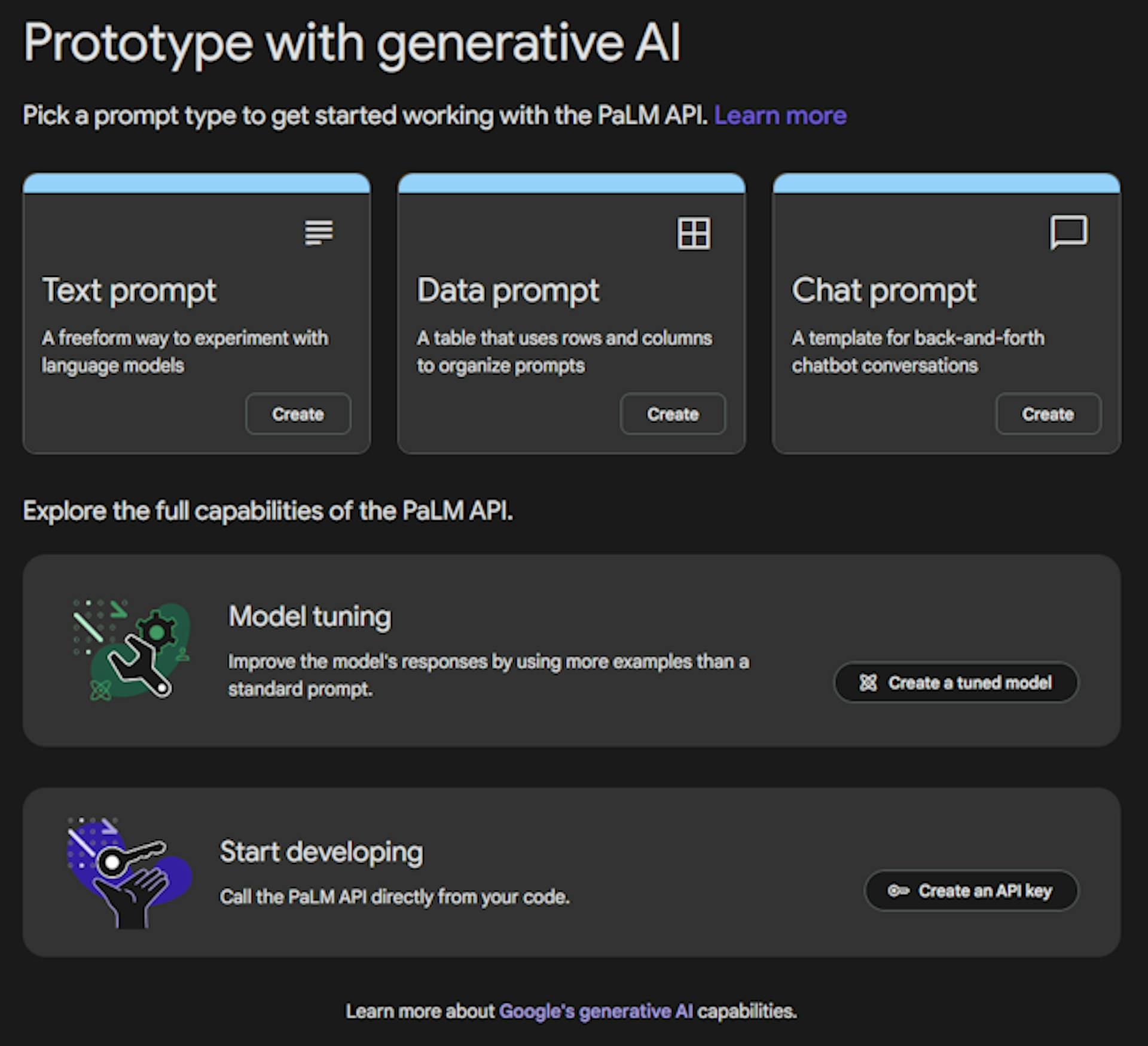 Sitio de MakerSuite que muestra indicaciones para texto, datos y chat.