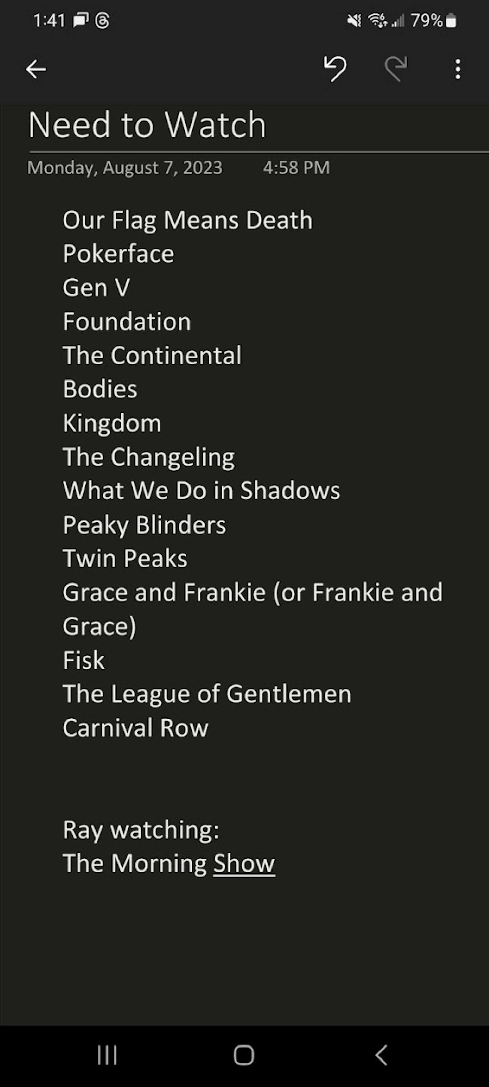 Screenshot from OneNote, a list of shows to watch