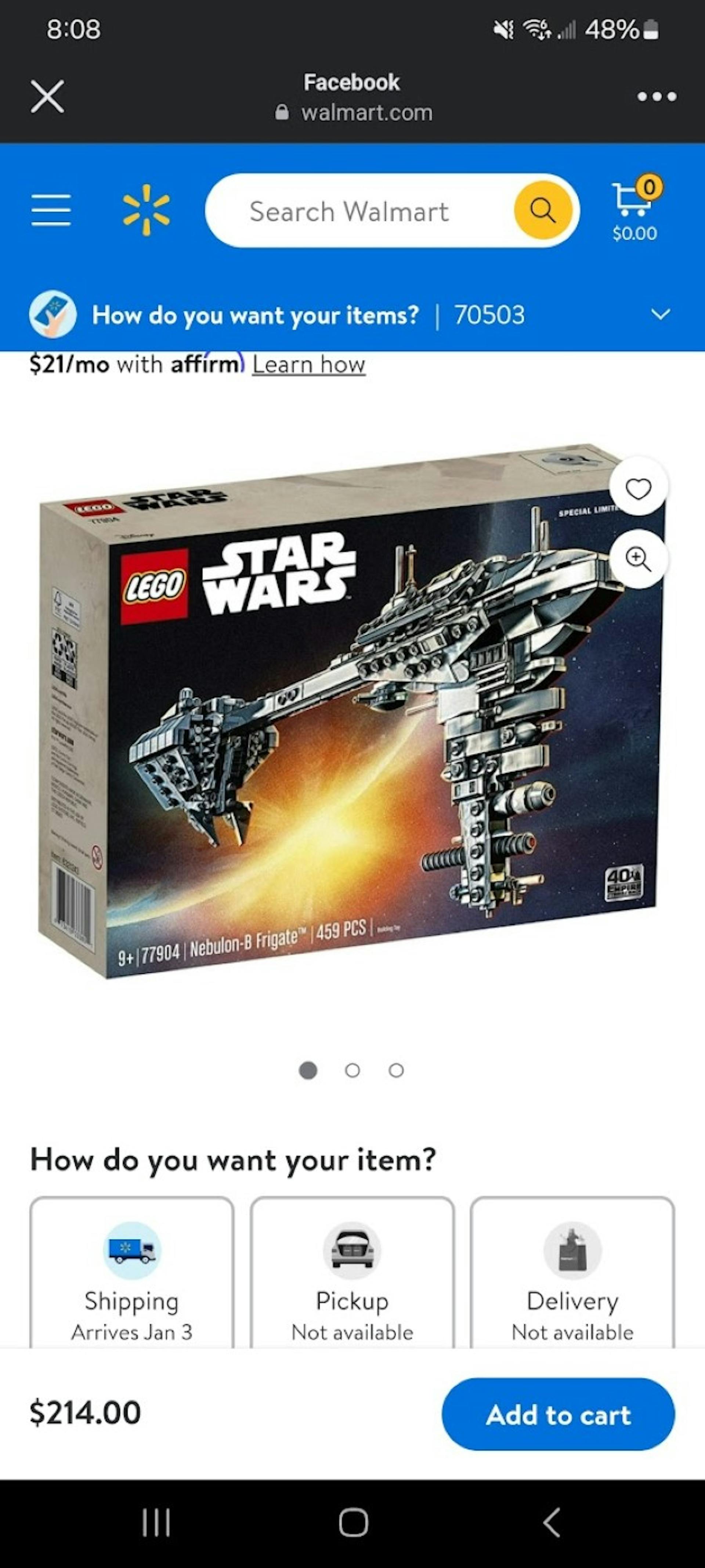 Screenshot from walmart.com, Nebulon-B Frigate LEGO