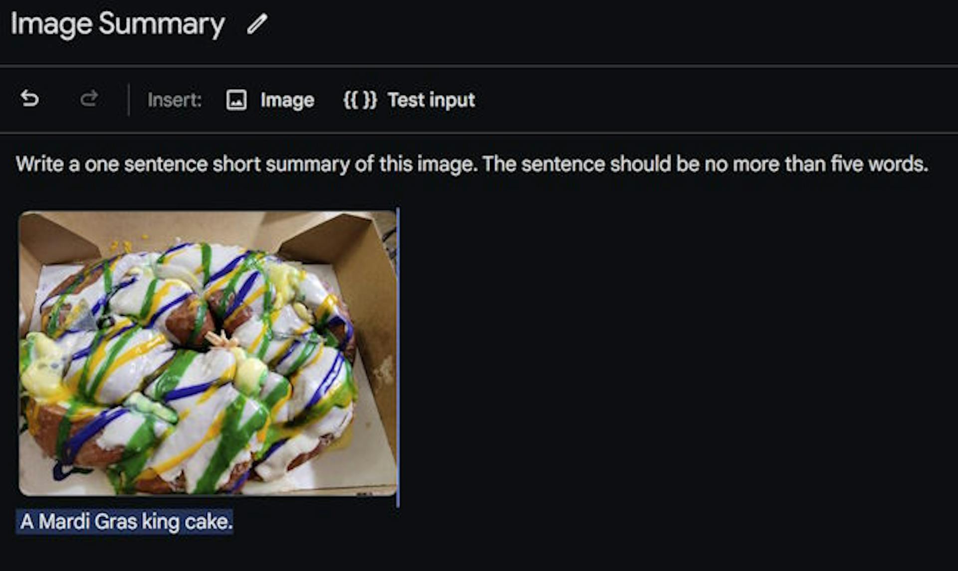 Prompt on image of a cake being correctly recognized.