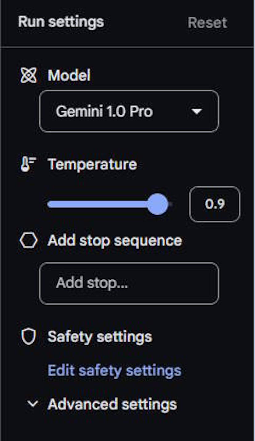 Screen shot of settings available for prompts