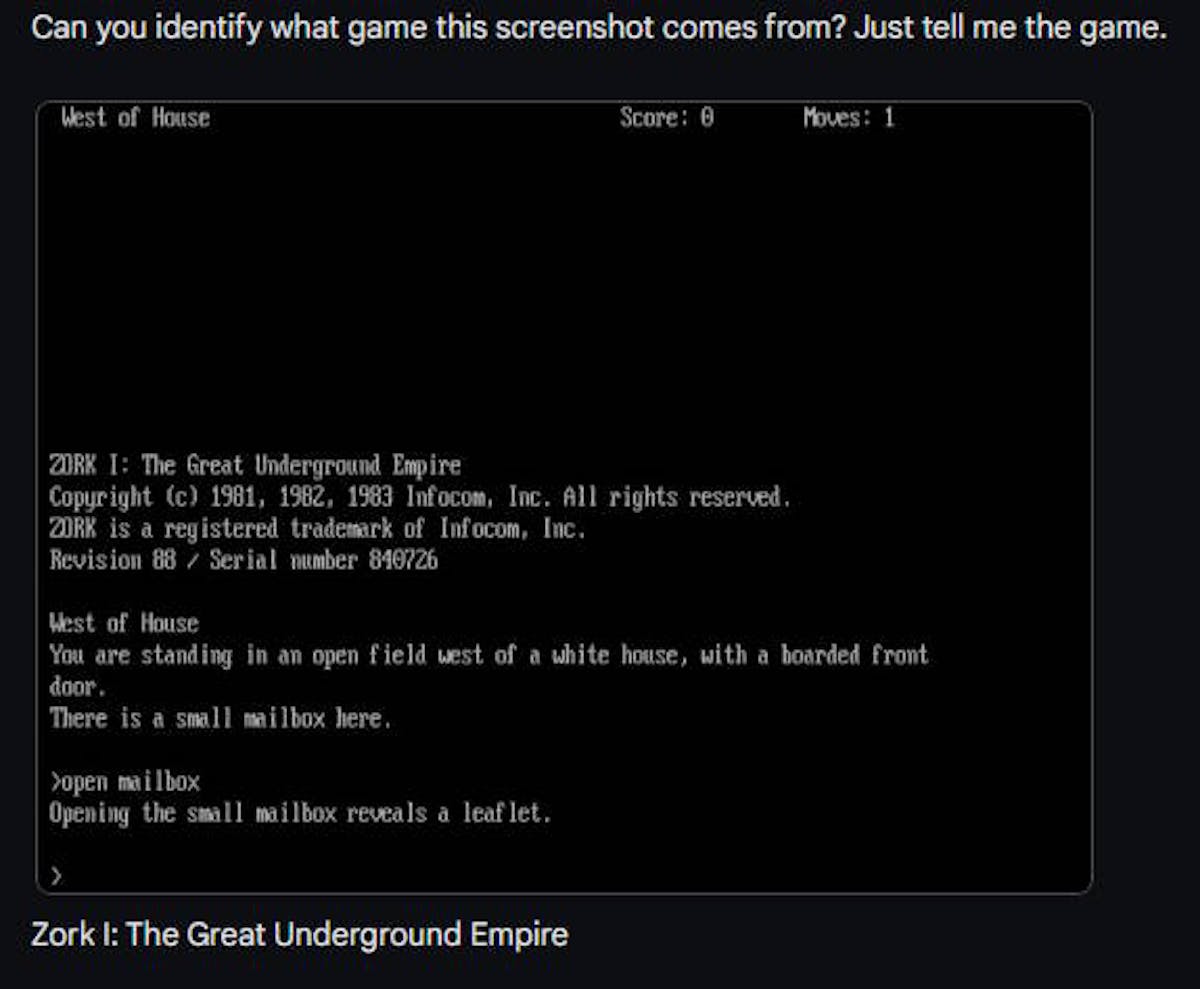 Screenshot from Zork 1, correctly identified