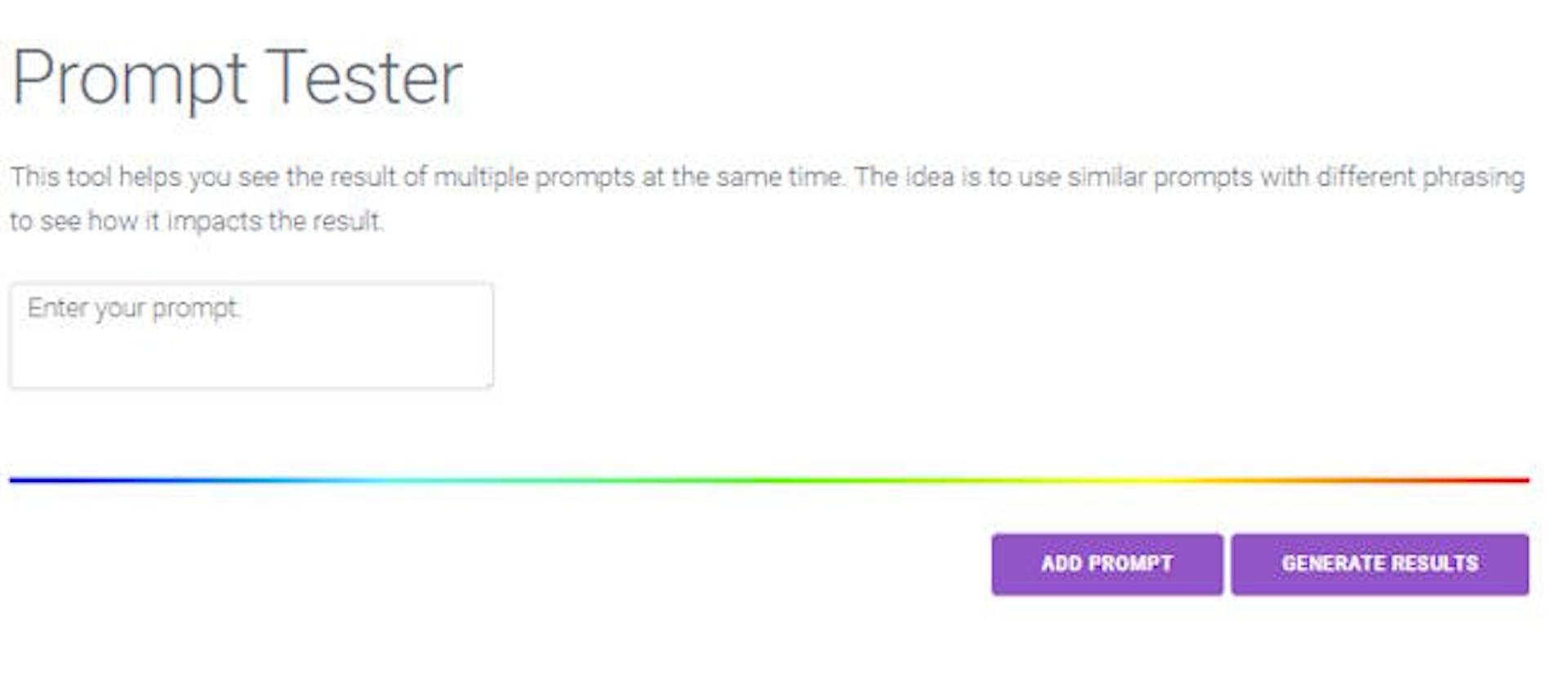 Aplicación web Prompt Tester con un mensaje vacío