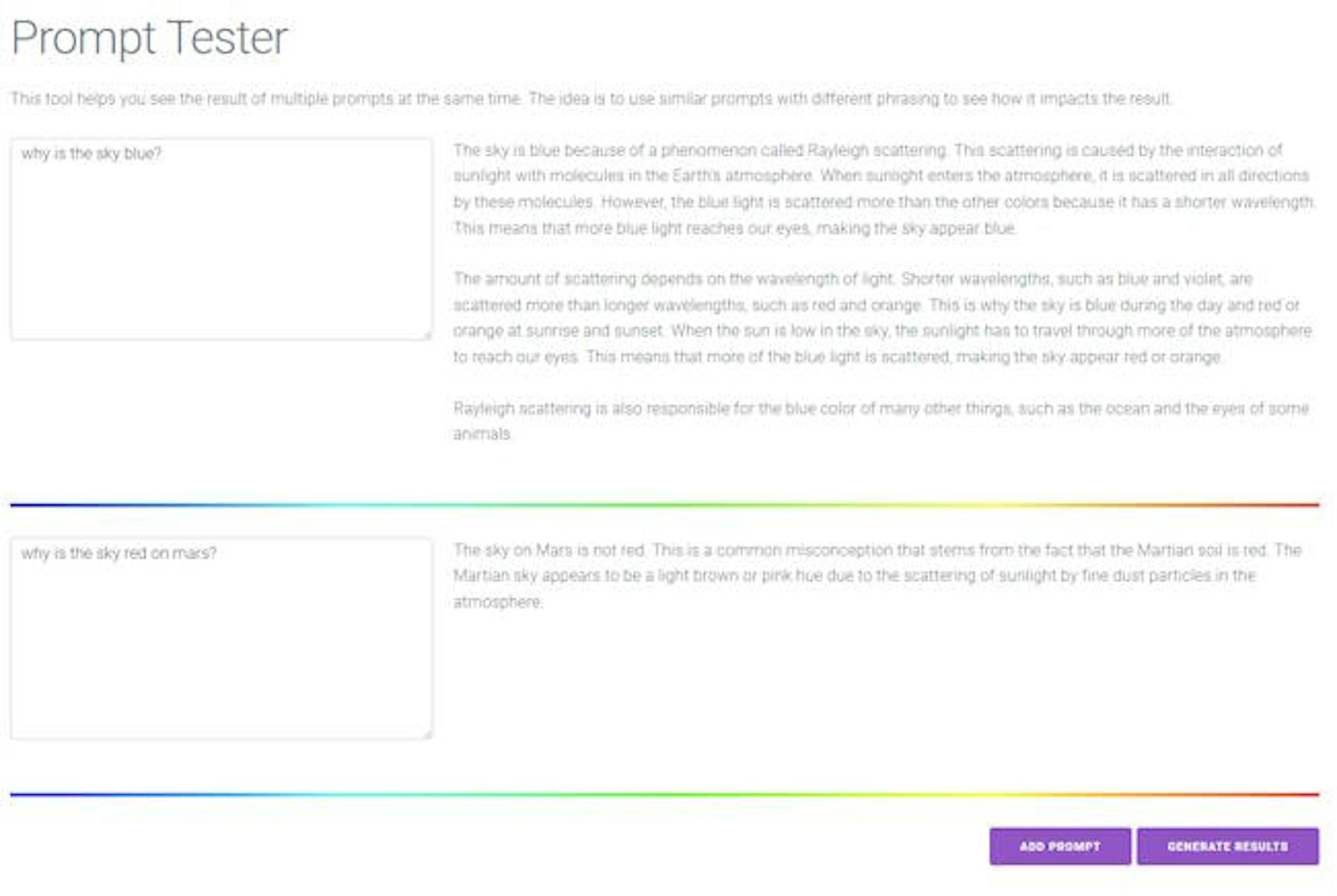 Aplicación web Prompt Tester con dos indicaciones y resultados