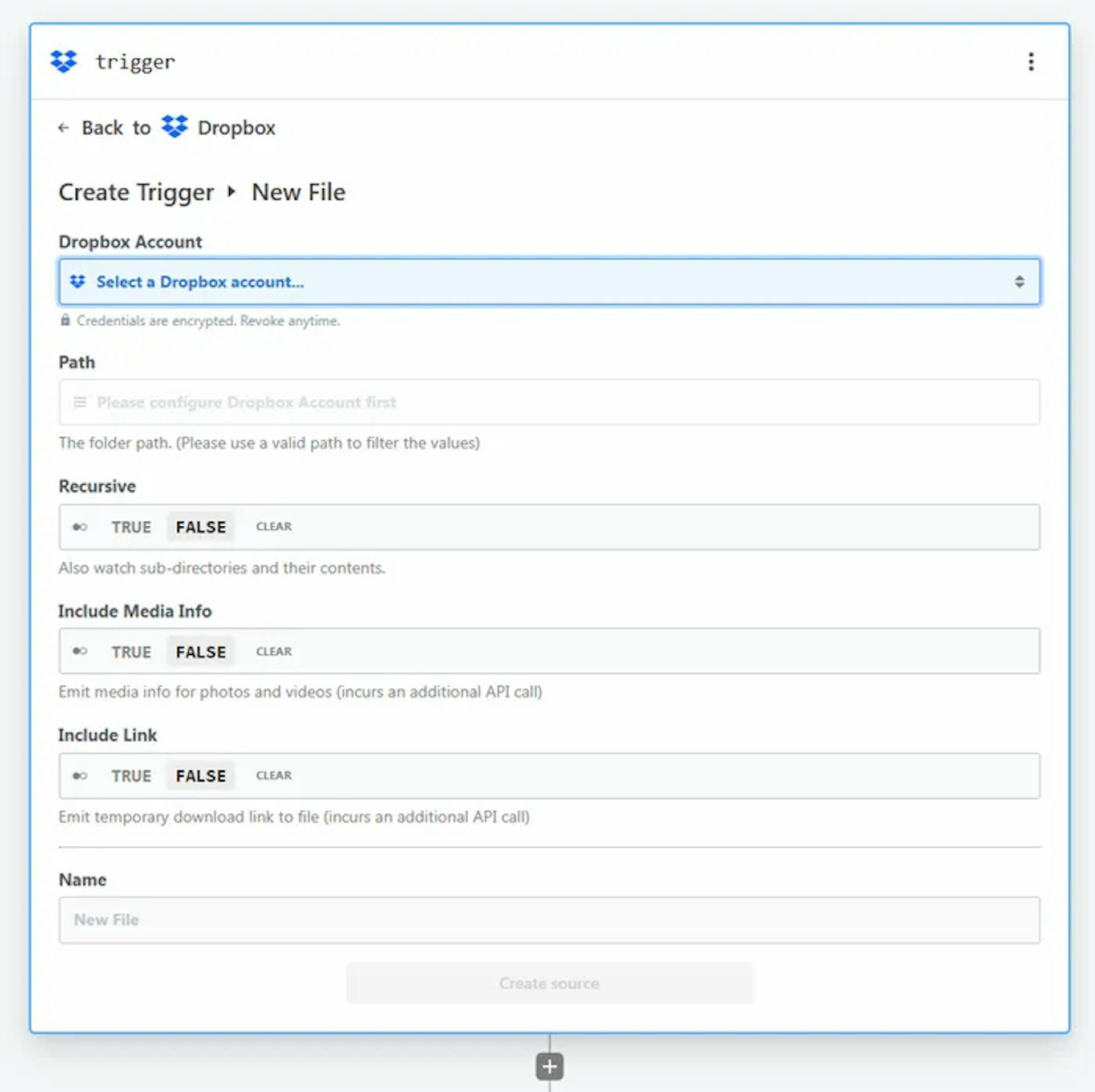 Specifying options for the Dropbox New File trigger