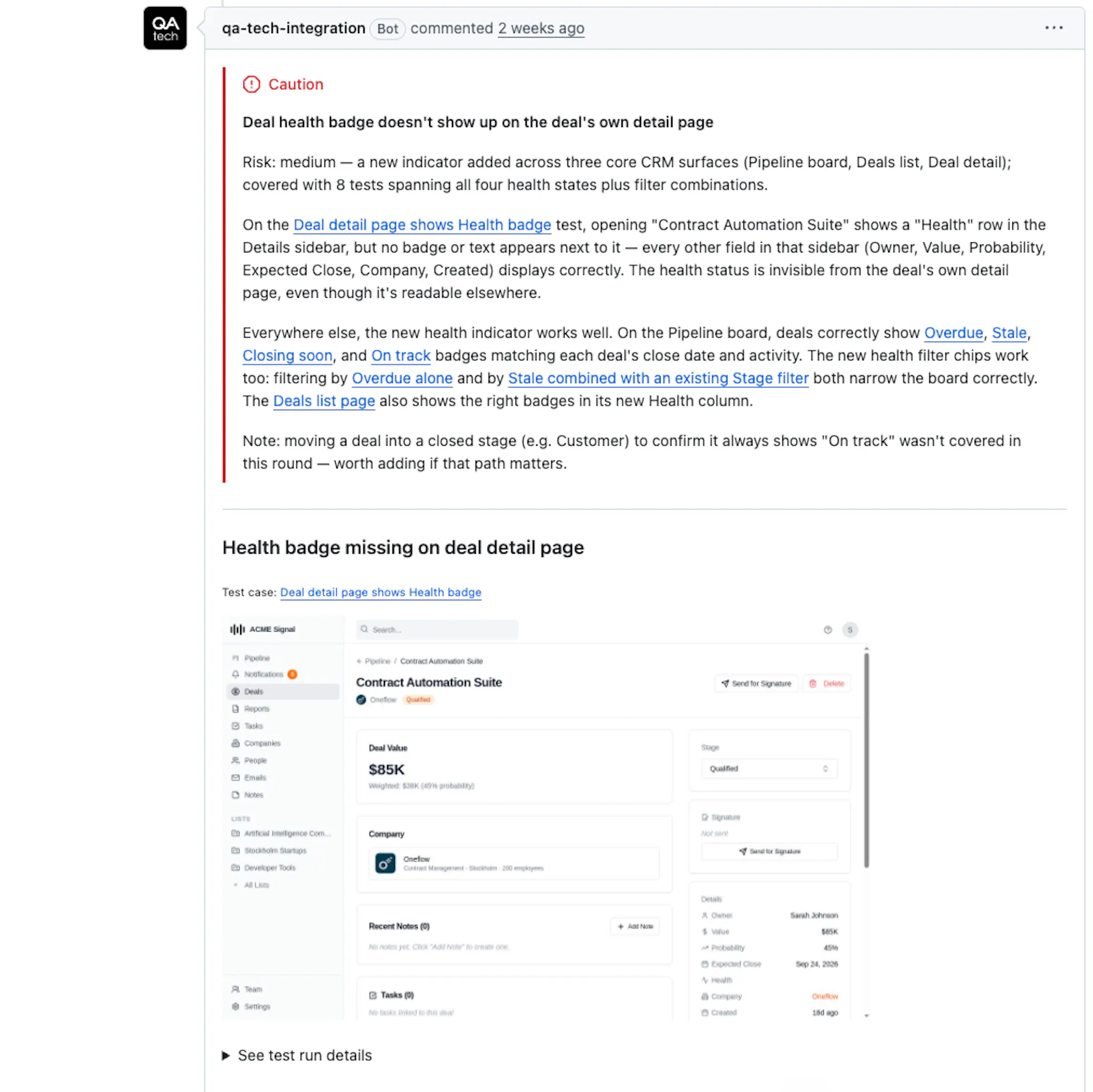QA.tech verdict posted on a pull request: risk rated medium, 8 tests across the changed surfaces, one failure with the screenshot attached