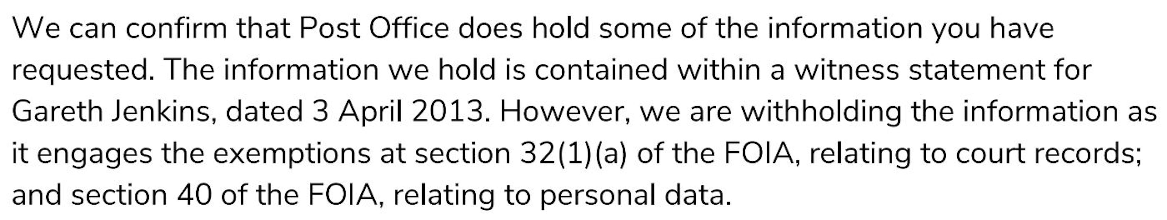 Extracto de la respuesta de la FOIA de Post Office Limited.