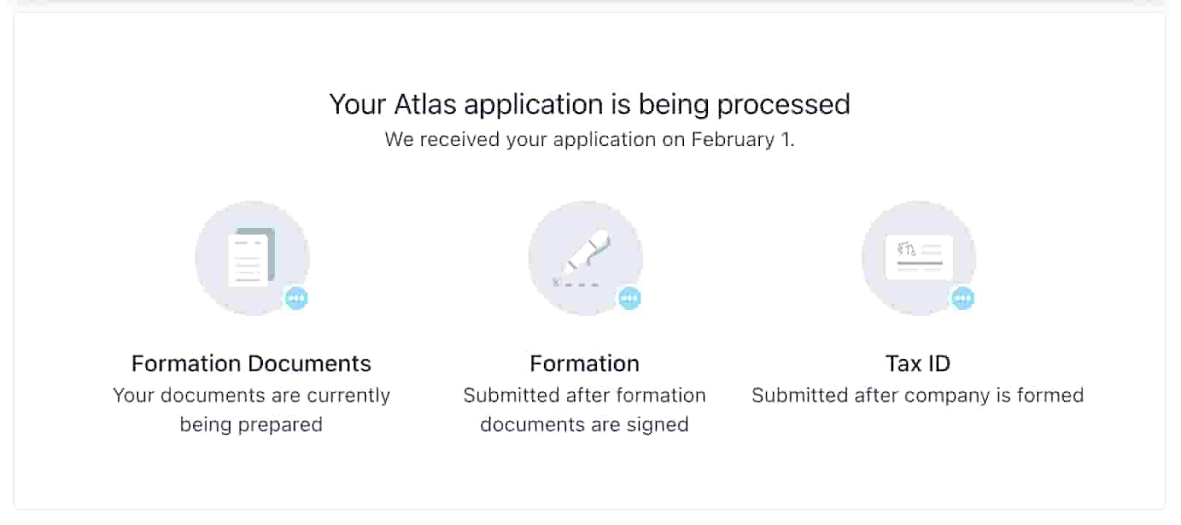 Stripe Atlas application progress in the Dashboard