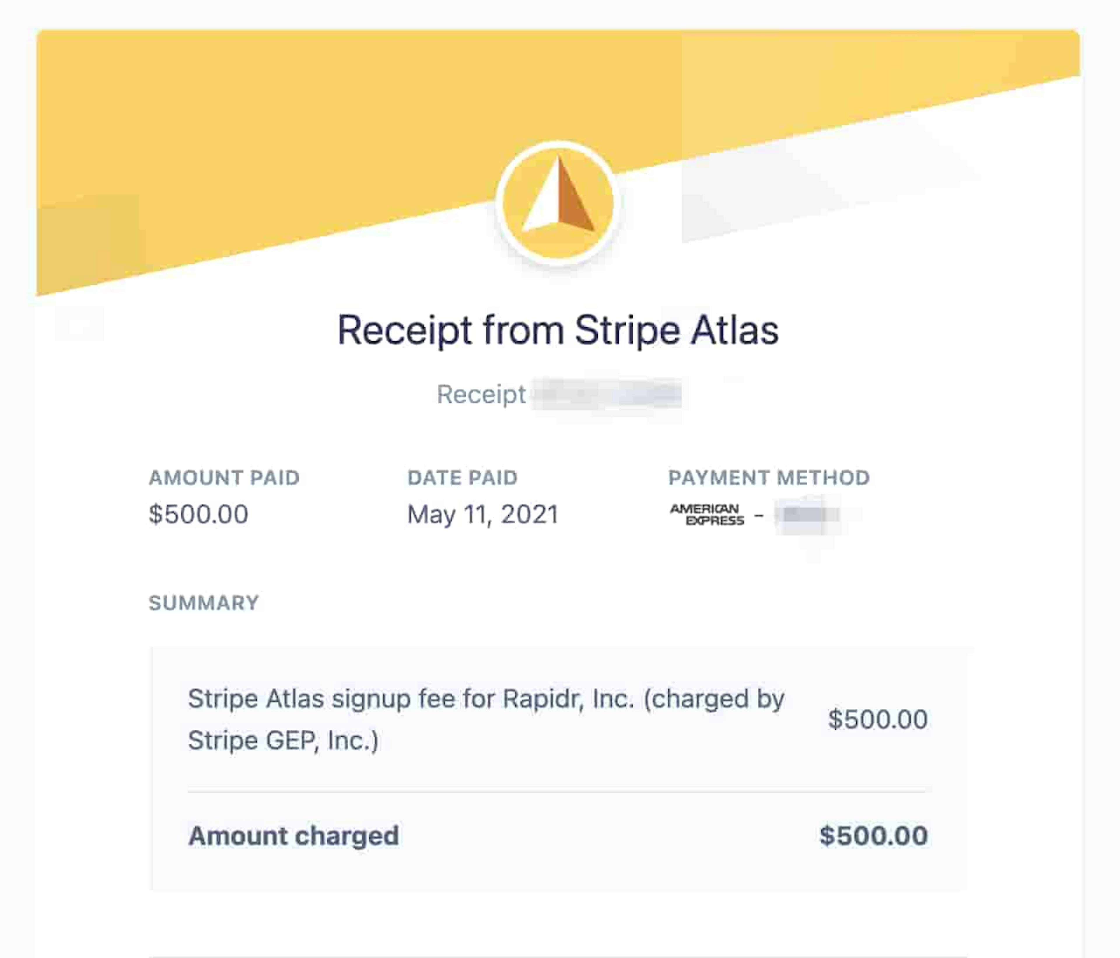 Receipt of $500 from Stripe Atlas after getting EIN