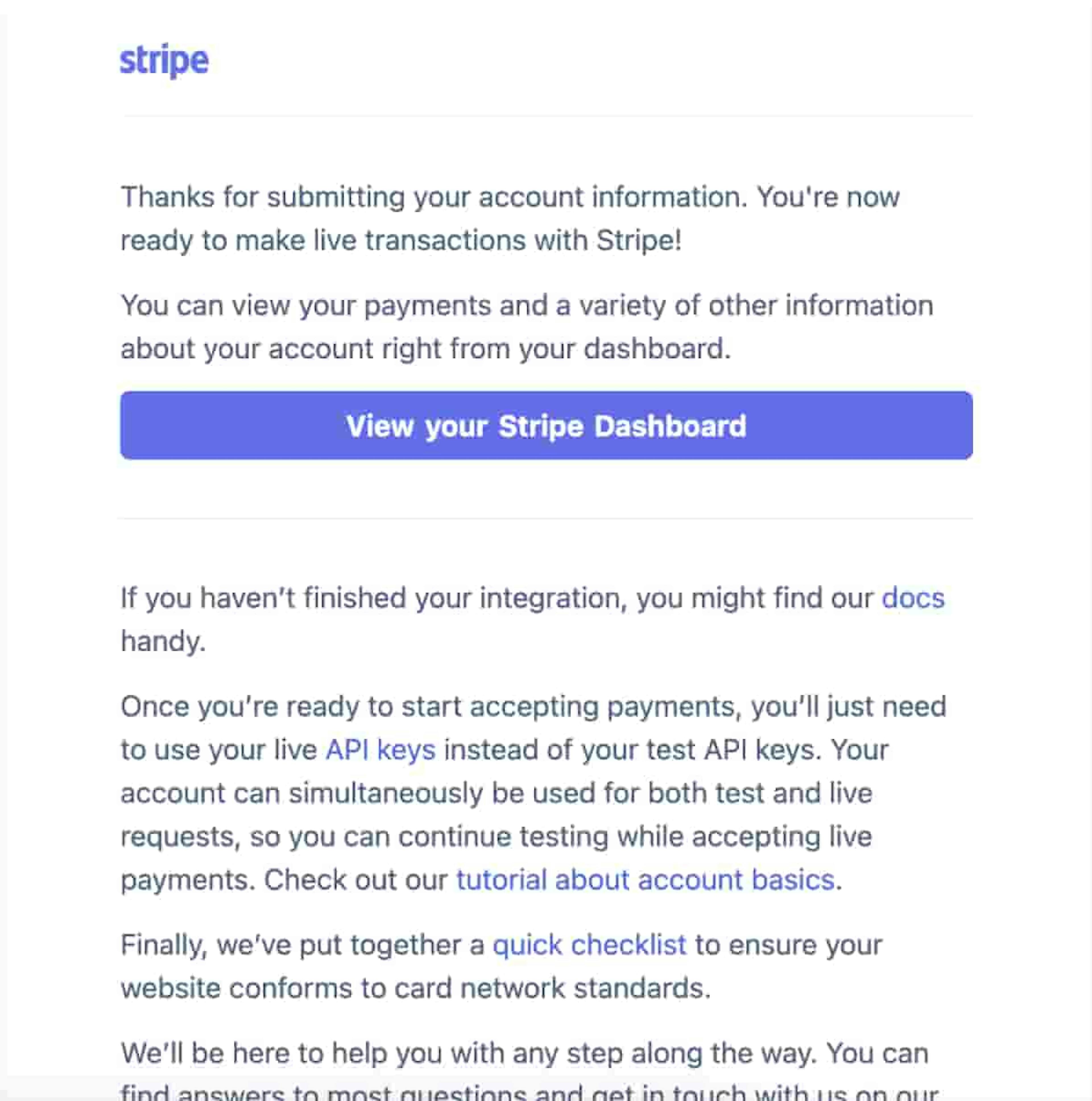 Stripe email stating all set for payments in live mode