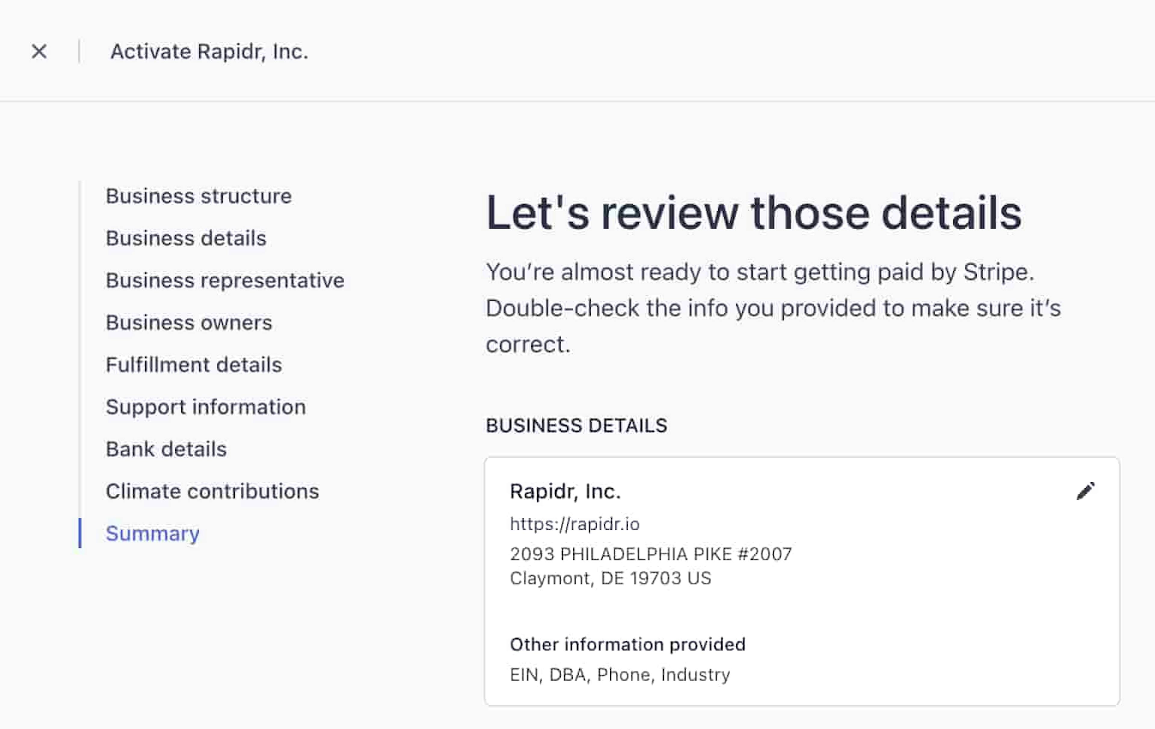 Stripe Atlas dashboard to confirm your business details