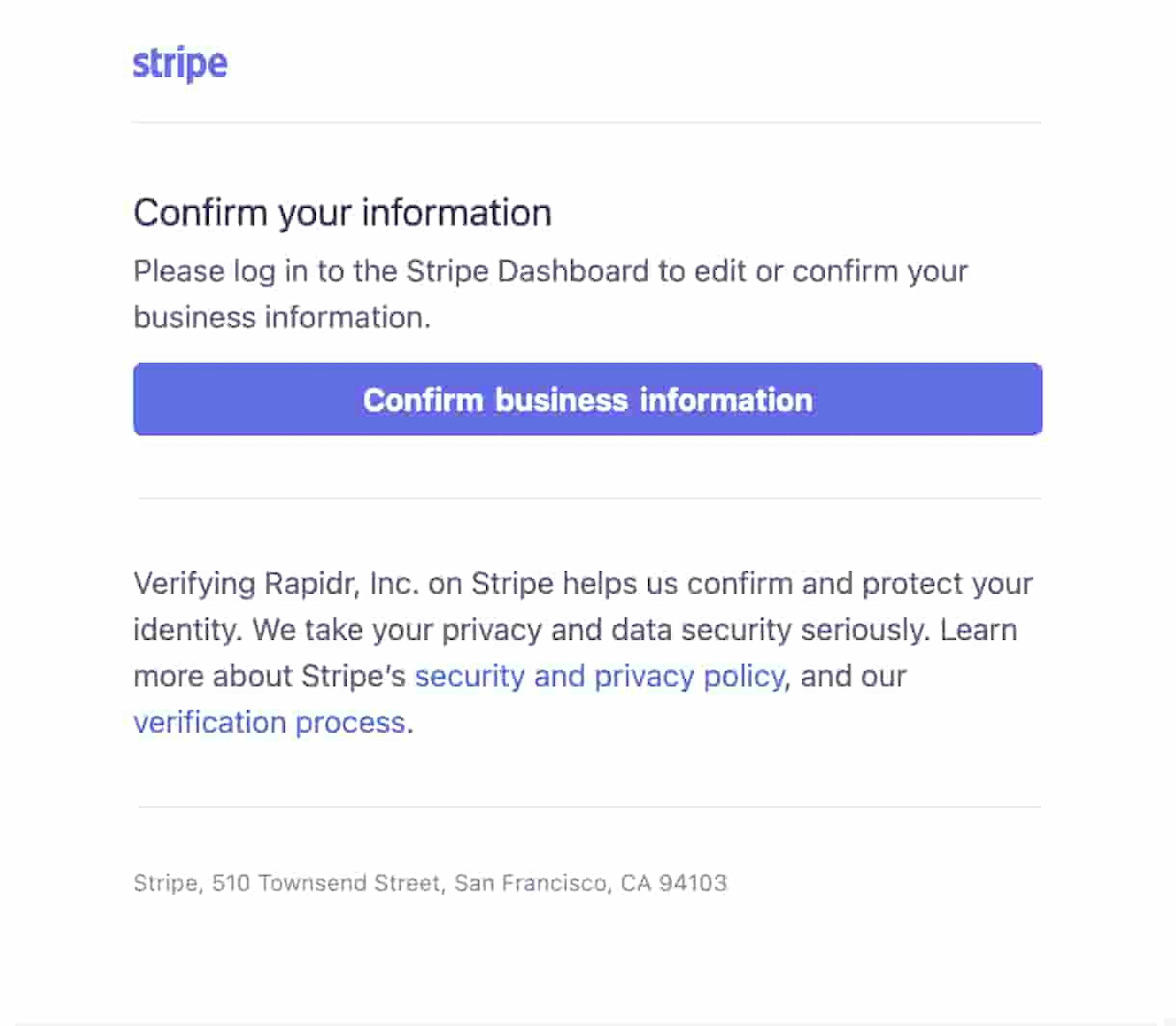 Stripe Atlas email asking to confirm business information