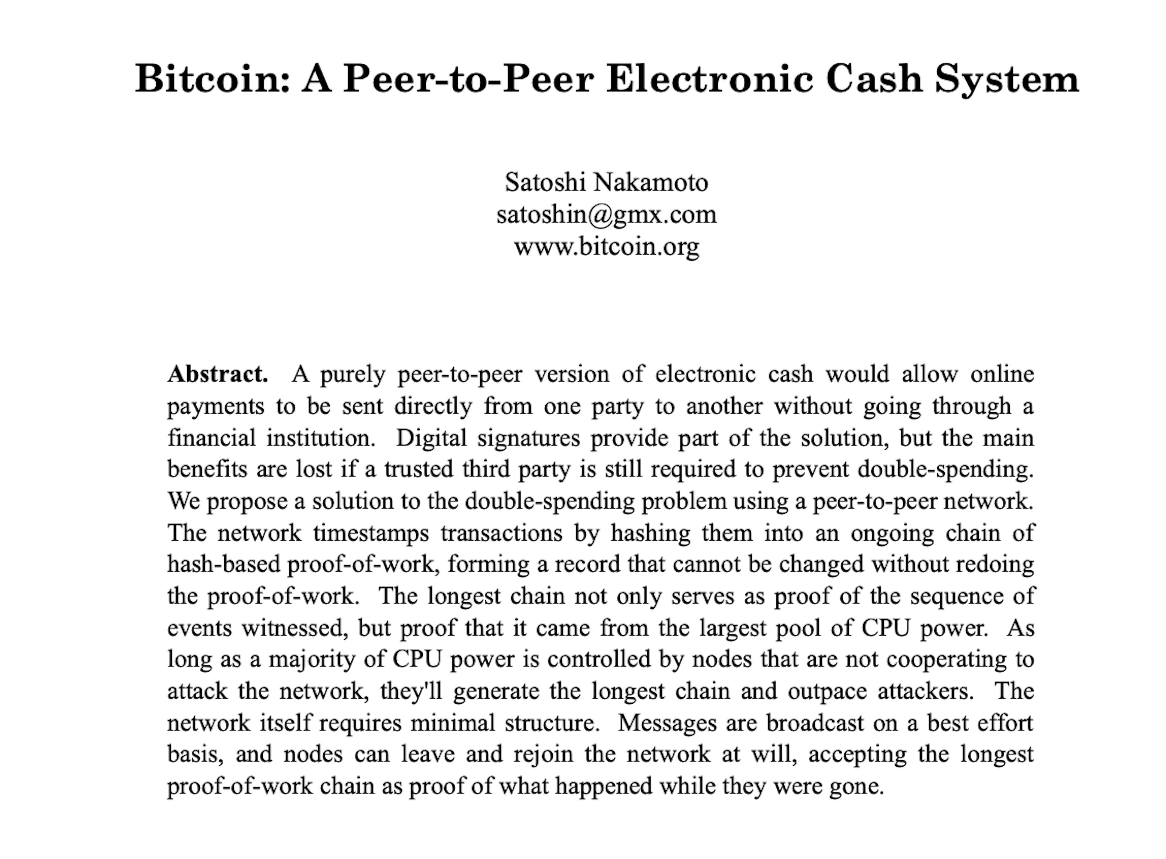 The Bitcoin Whitepaper: https://bitcoin.org/bitcoin.pdf