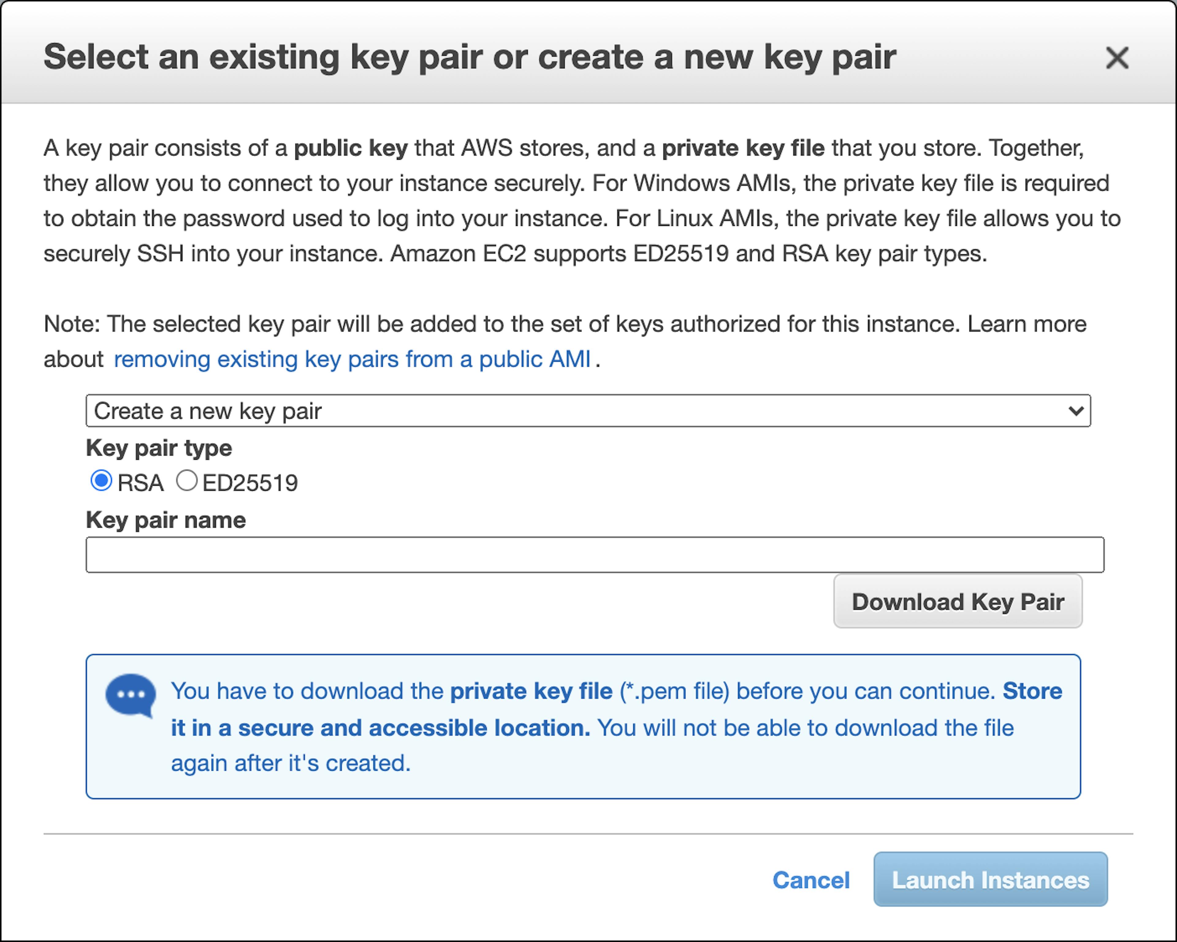 Once you click the “Launch” button you will be asked to create new key pair or use the existing one