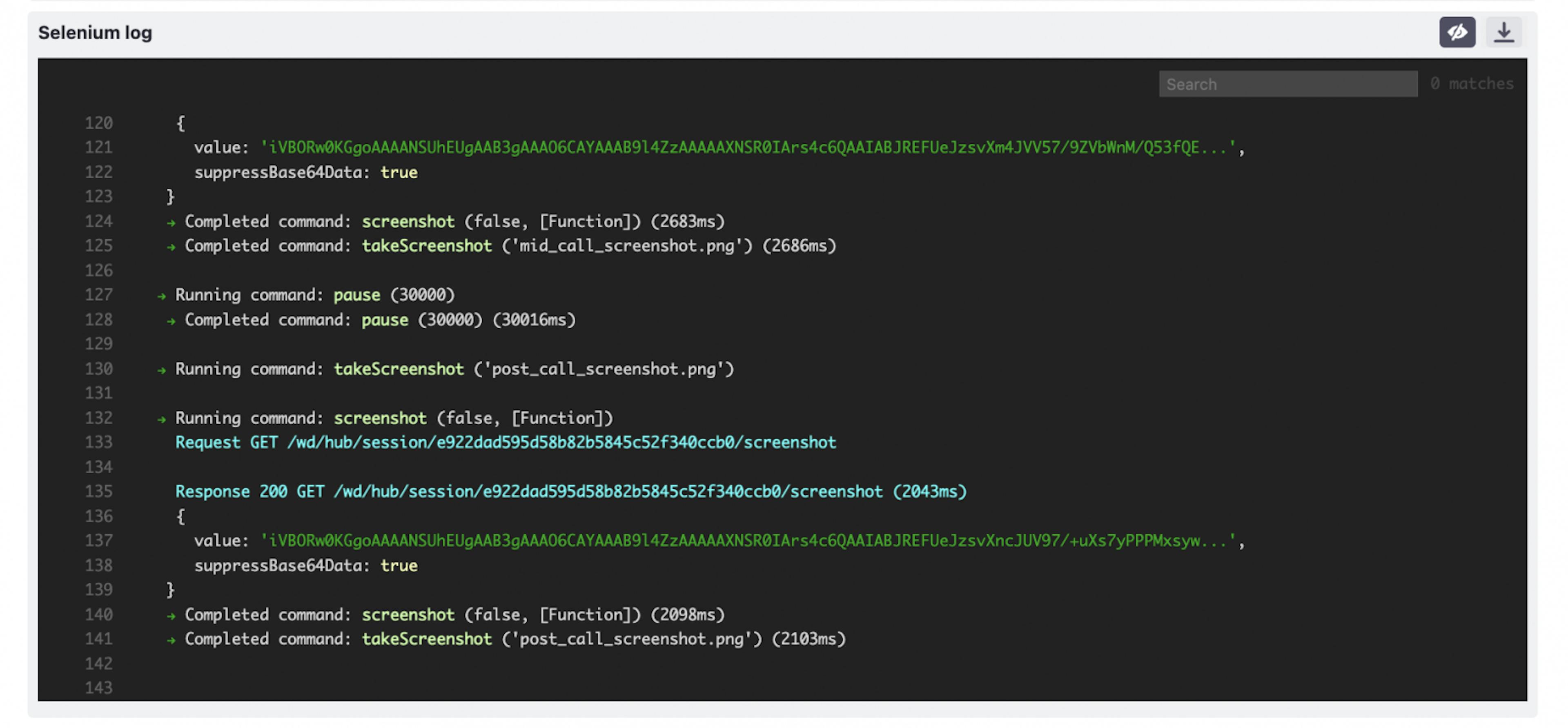 Selenium log in test run results