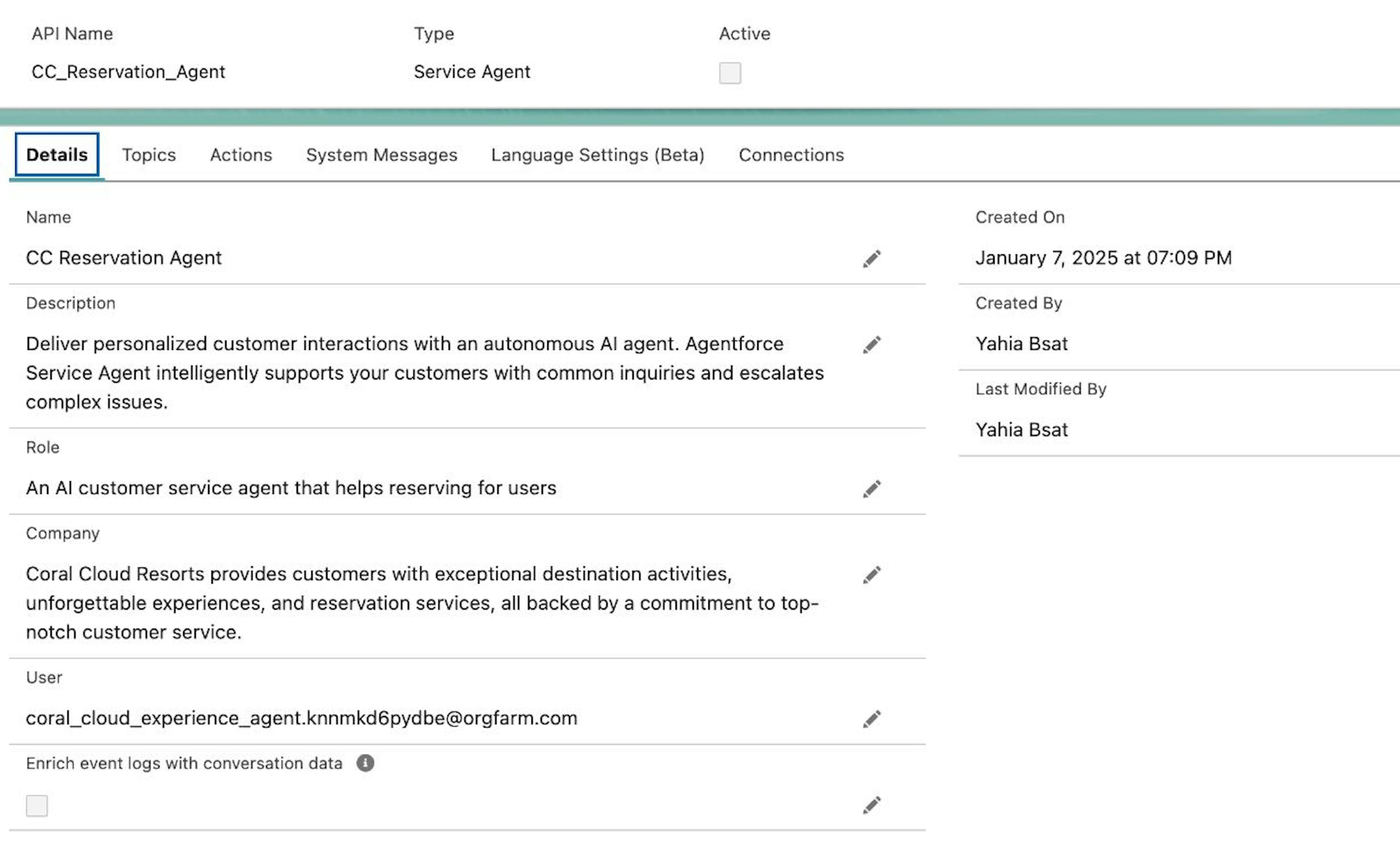 Overview page of the reservation agent I created in SFDC to test out AgentForce