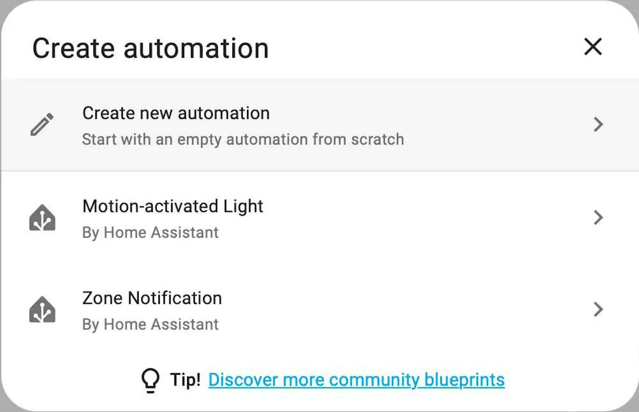 Create automation screen