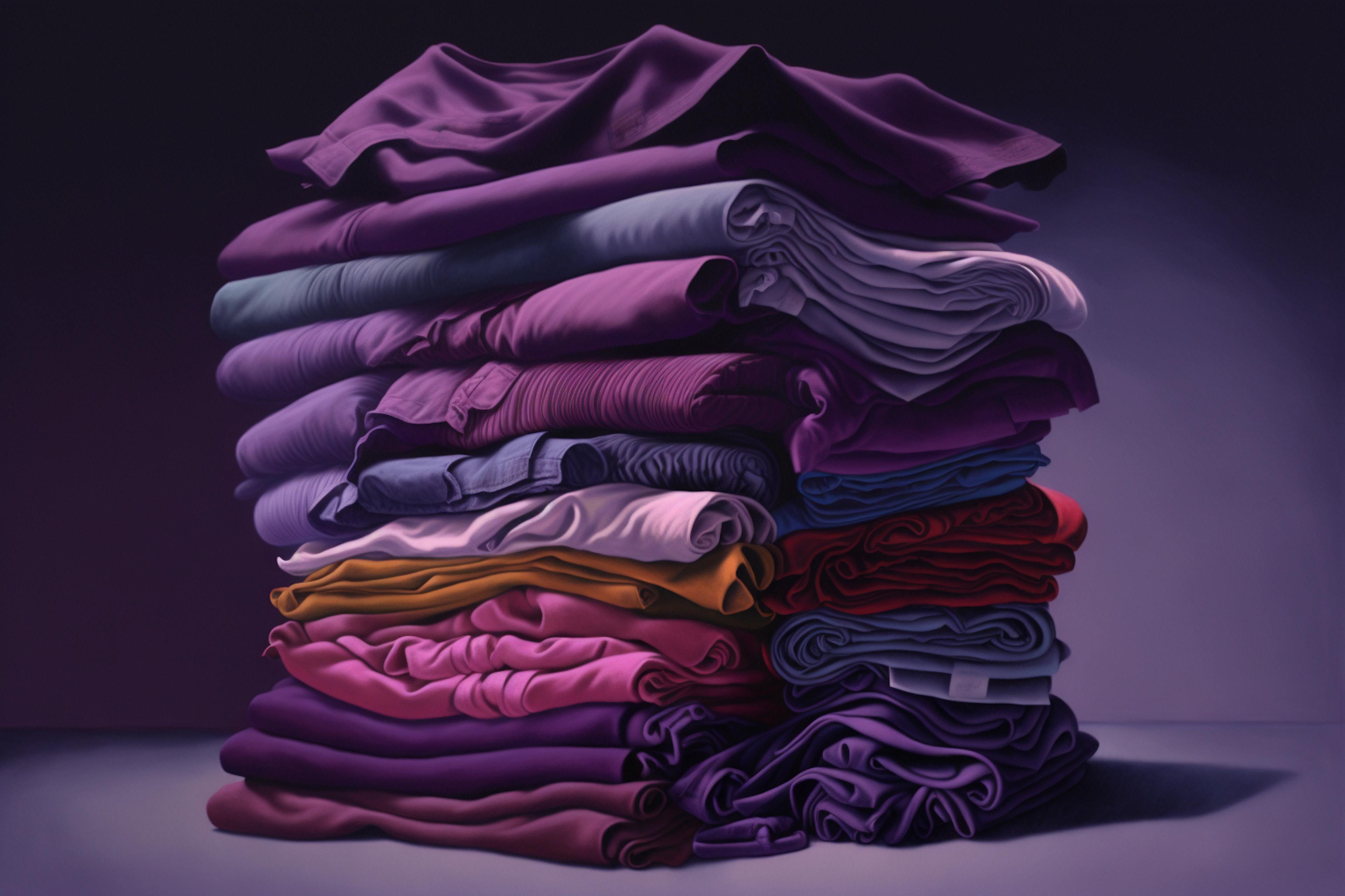 Stack of purple T-shirts. Credit: Midjourney