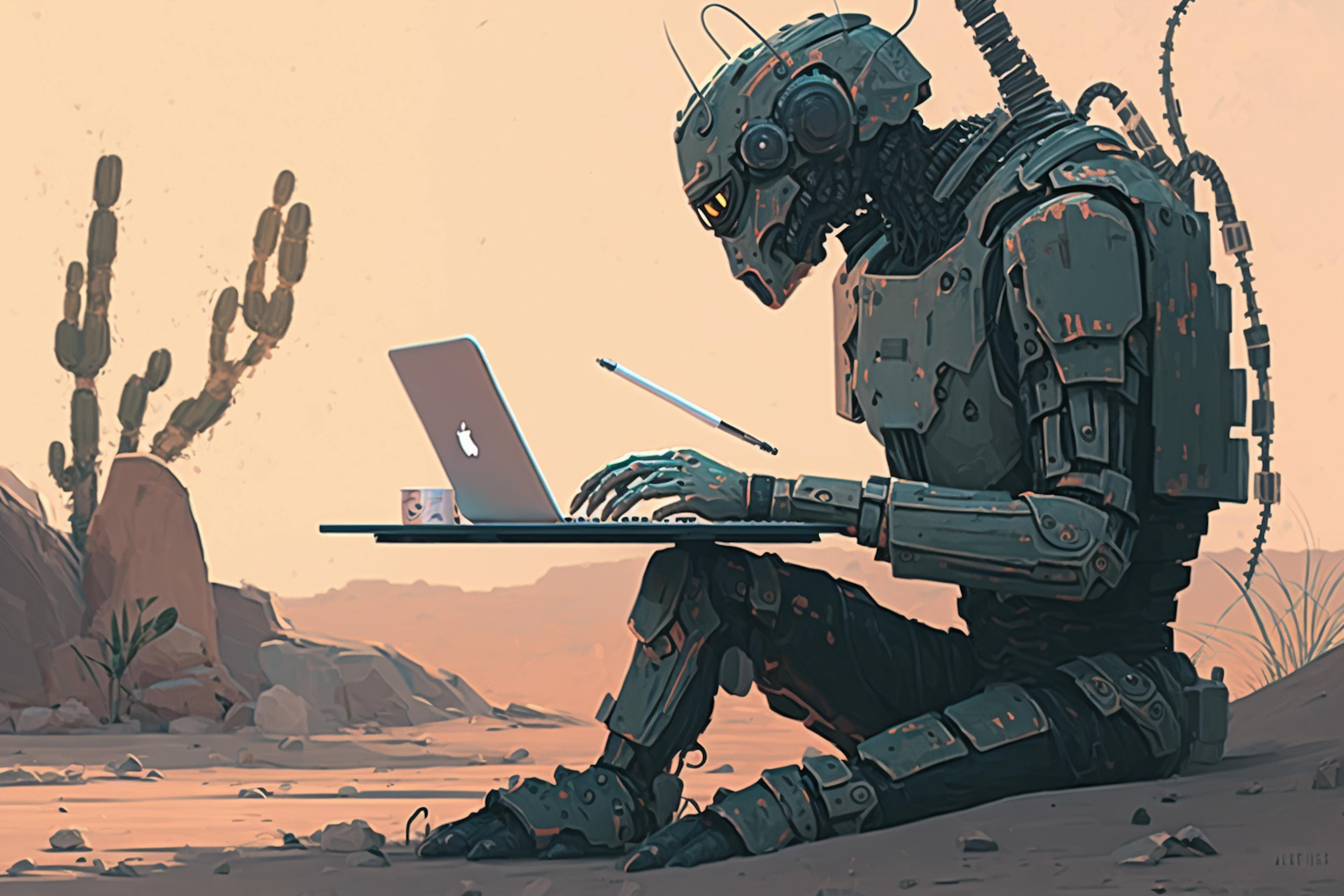 Robot looking at a laptop. Credit: Author, Midjourney