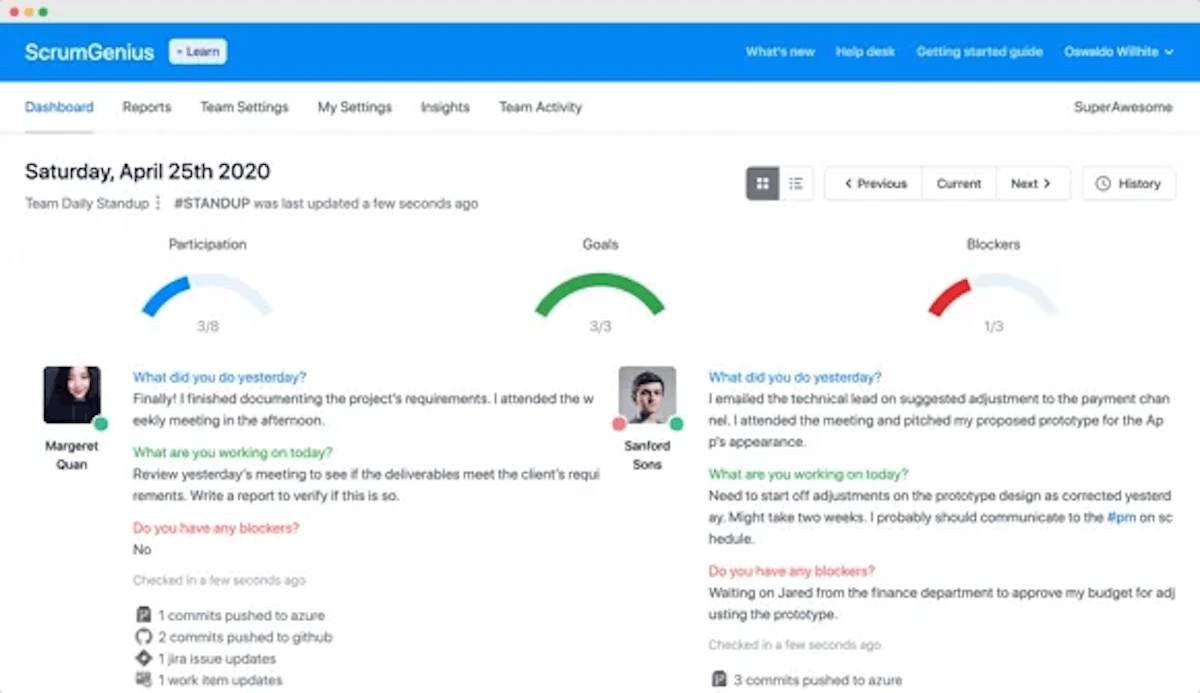 ScrumGenius manual daily standup tool