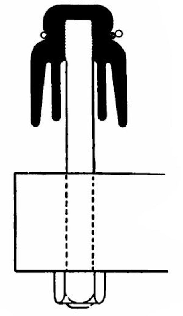 Fig. 58.—Section of a telegraph wire insulator on its arm. The shaded circle is the line wire, the two blank circles indicate the wire which ties the line wire to the insulator.