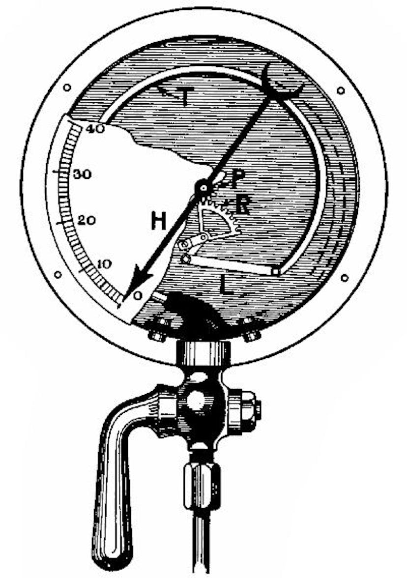 Fig. 14.—Bourdon steam-gauge. Part of dial removed to show mechanism.