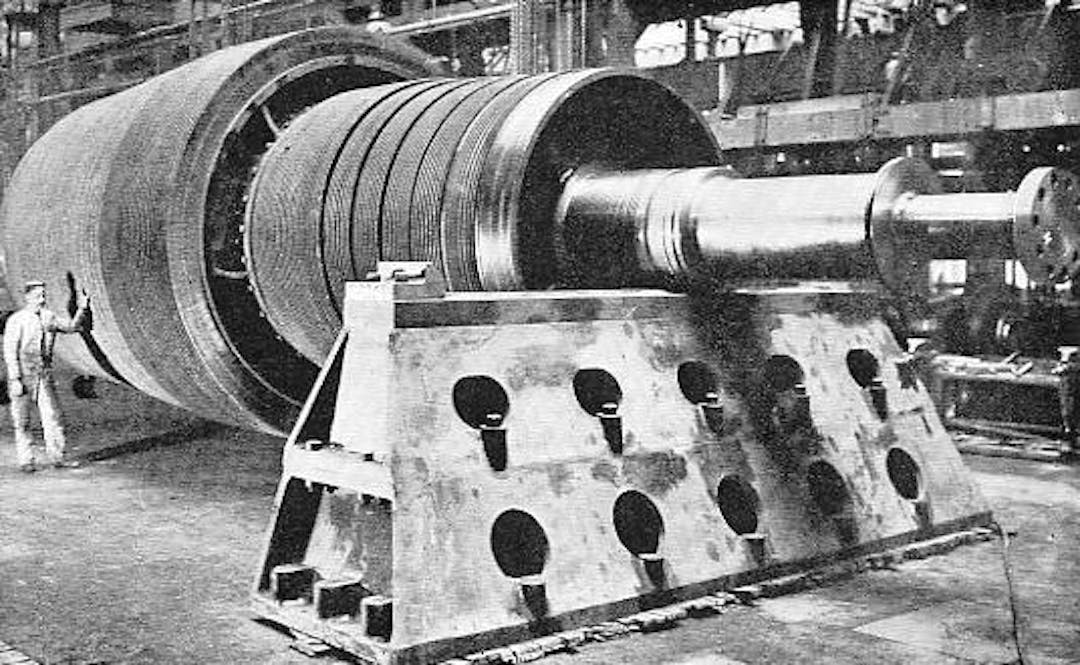 One of the turbine drums of the Carmania. Note the rows of vanes. The drum is here being tested for perfect balance on two absolutely level supports.