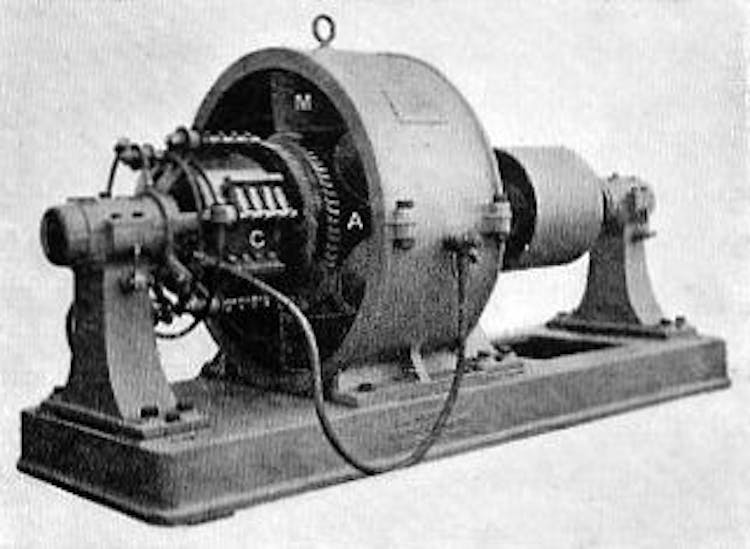  Fig. 74.—A Holmes continuous current dynamo: a, armature; c, commutator; m, field magnets.