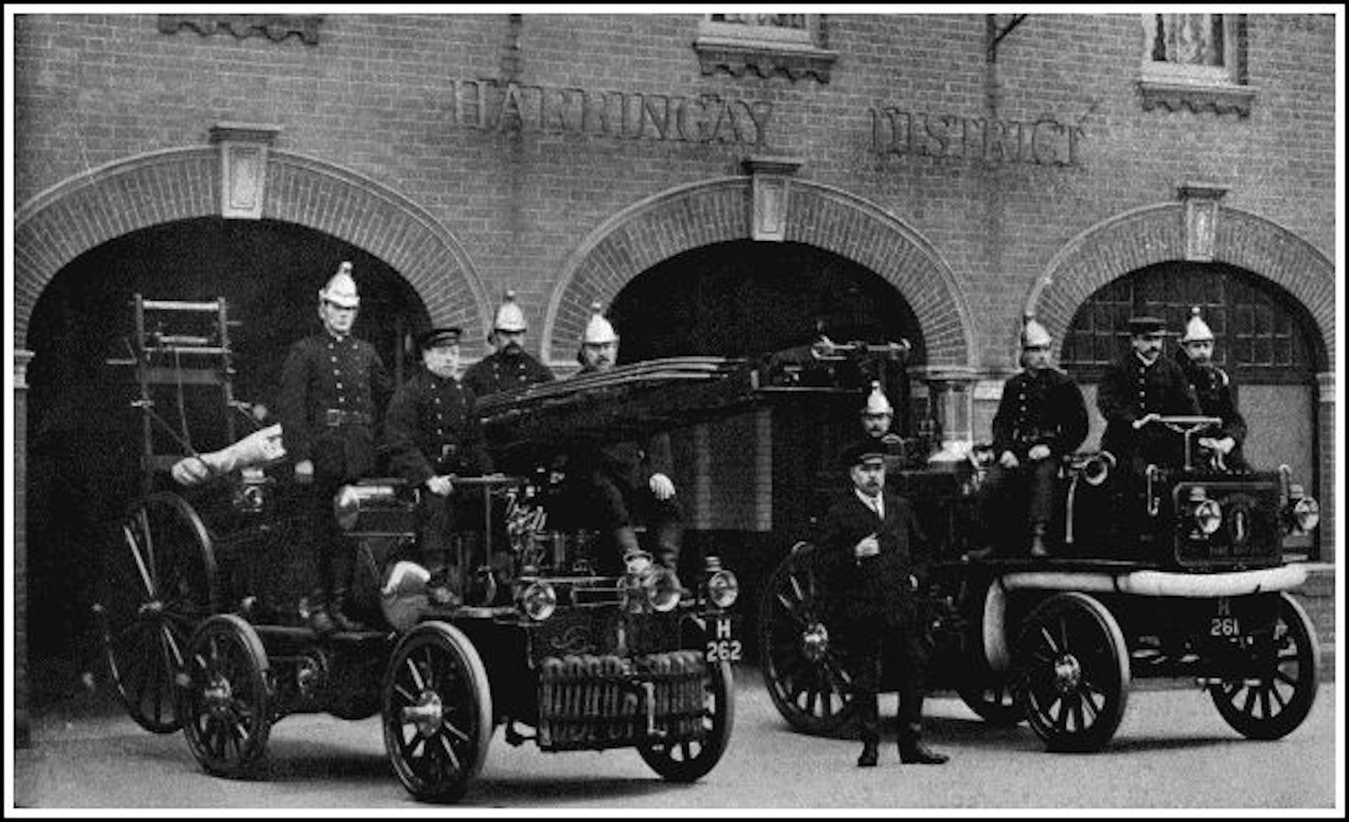 Two Motor Fire-engines built by Messrs. Merryweather, London. That on the left is driven by petrol, and in addition to pumping-gear carries a wheeled fire-escape. That on the right is driven by steam. Both types are much faster than horses, being able to travel at a rate of over 20 miles an hour.